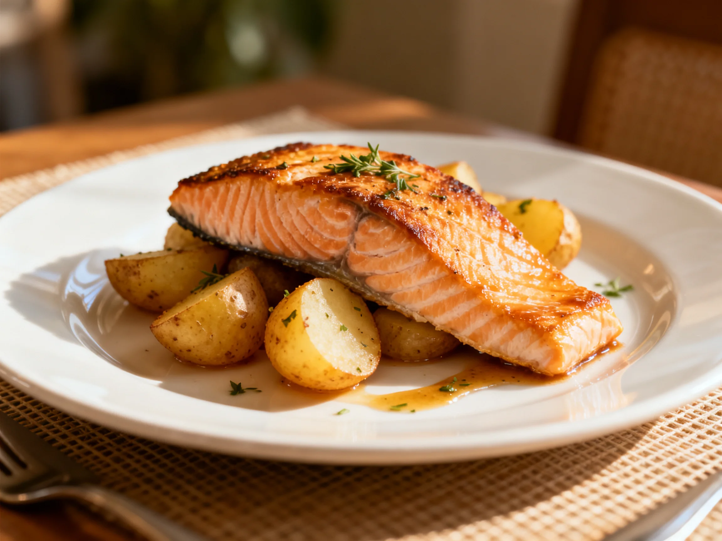 Golden-brown grilled salmon fillet served with roasted potato halves and herb garnish