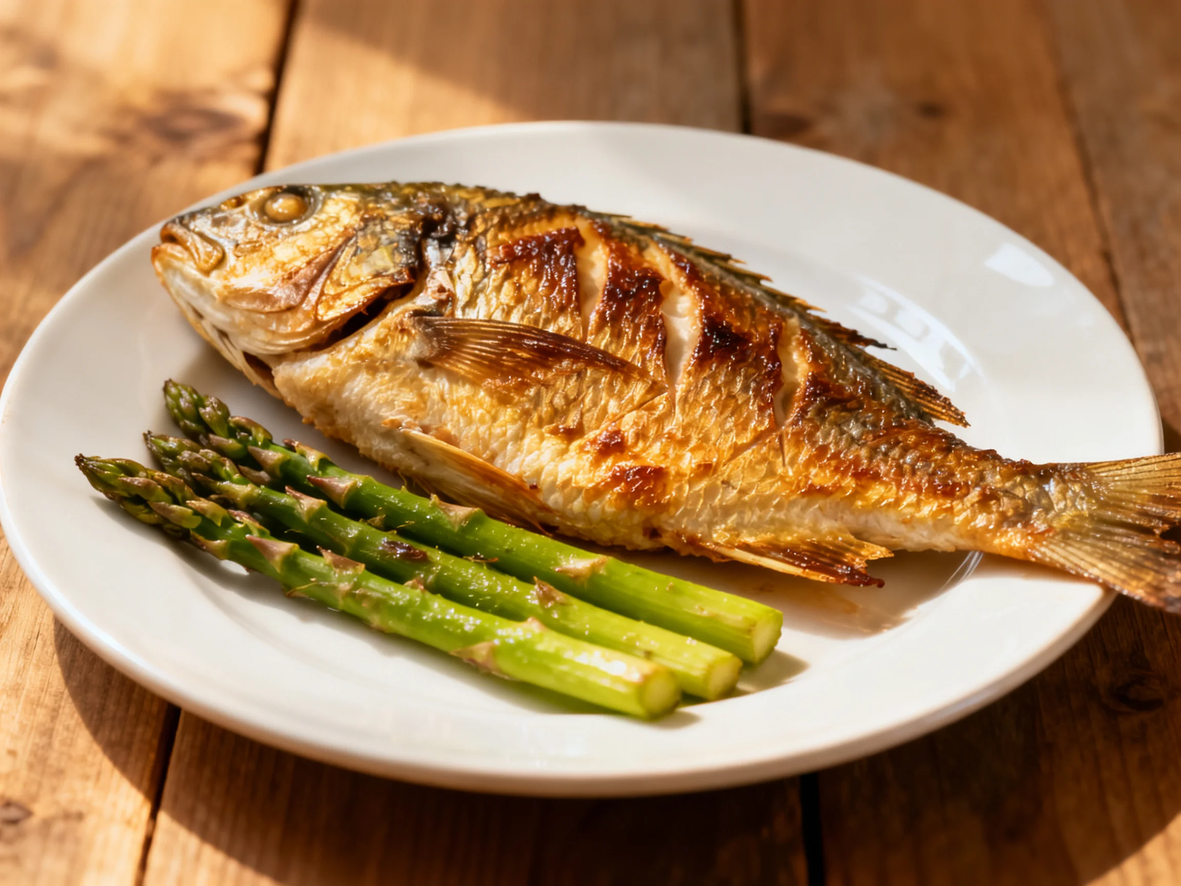 Golden-brown grilled whole fish with green asparagus on a white plate