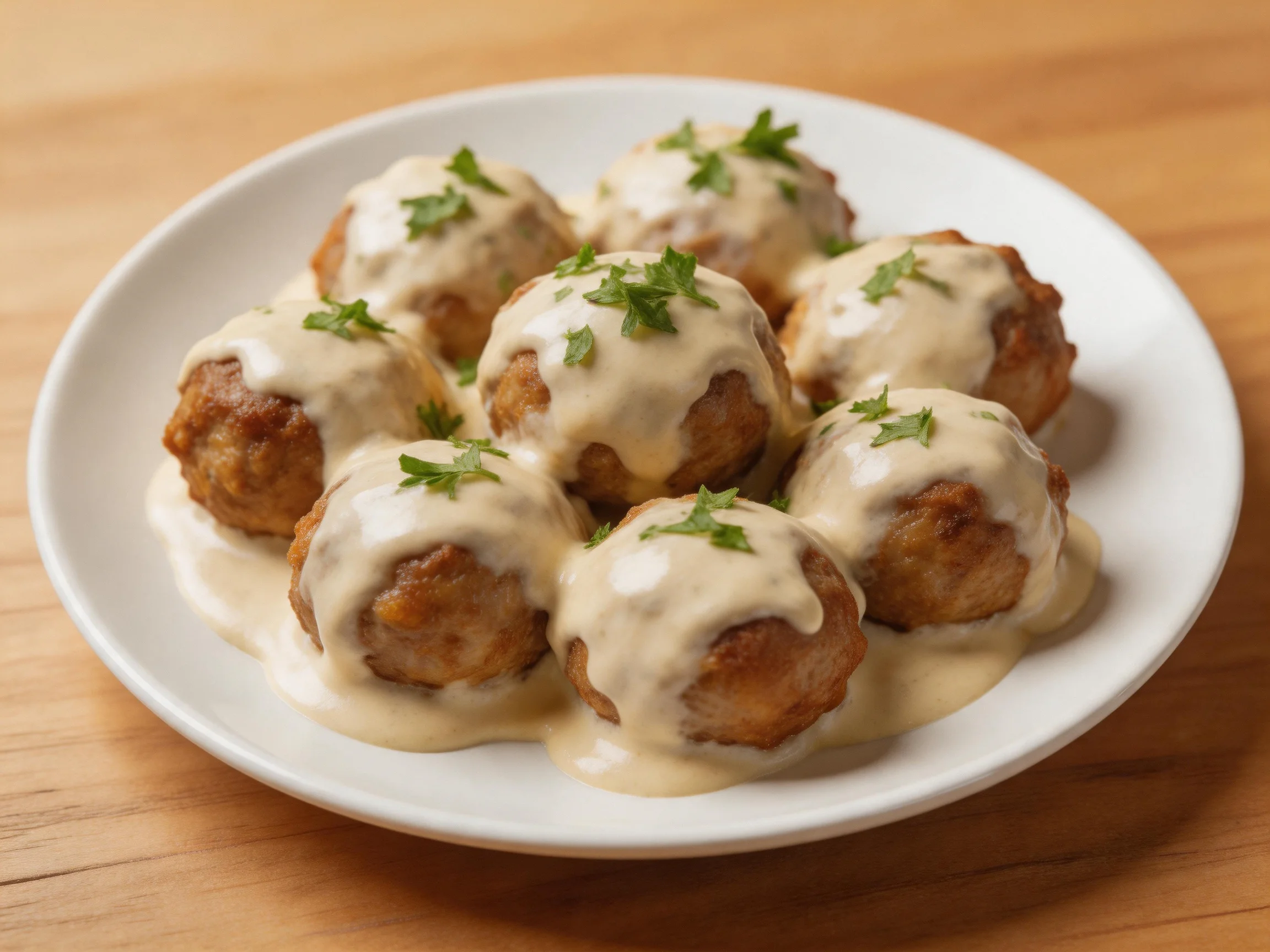 Golden-brown meatballs with creamy sauce and parsley on a white plate