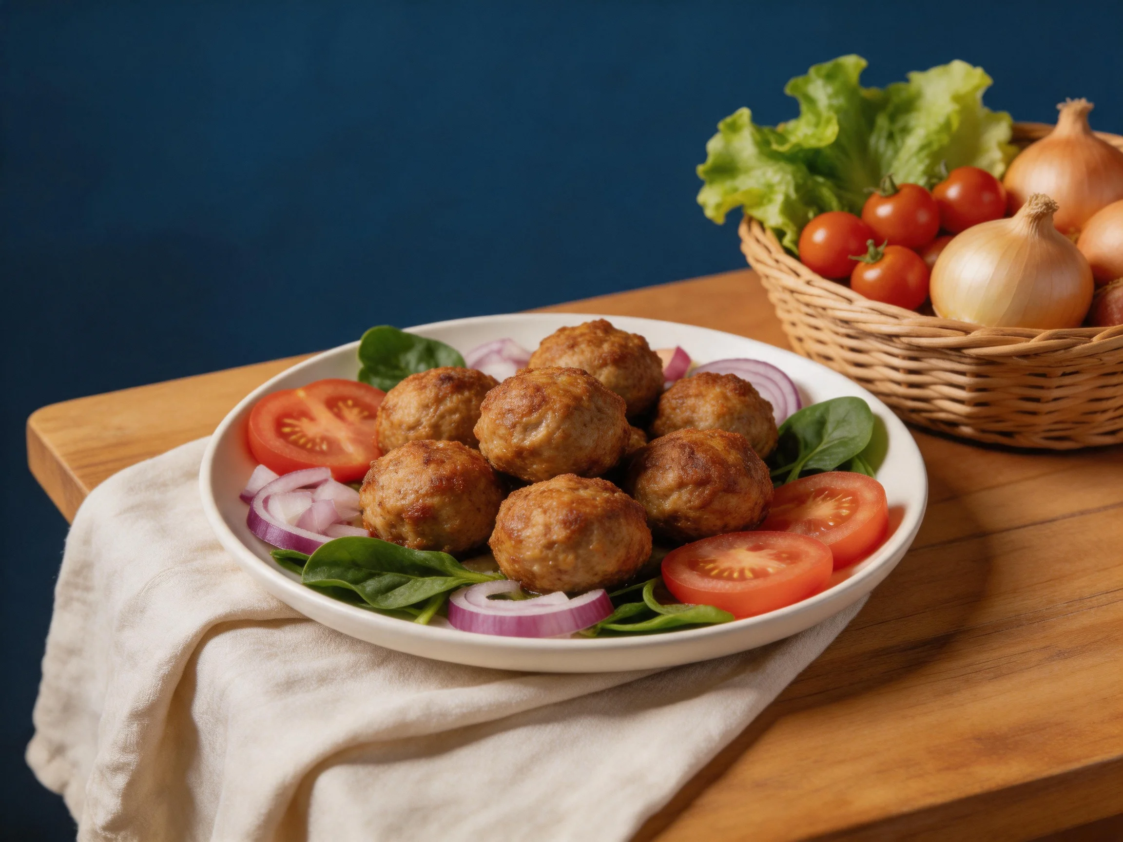 Golden-brown meatballs with fresh tomato slices, red onion rings, and leafy greens; adjacent wicker b