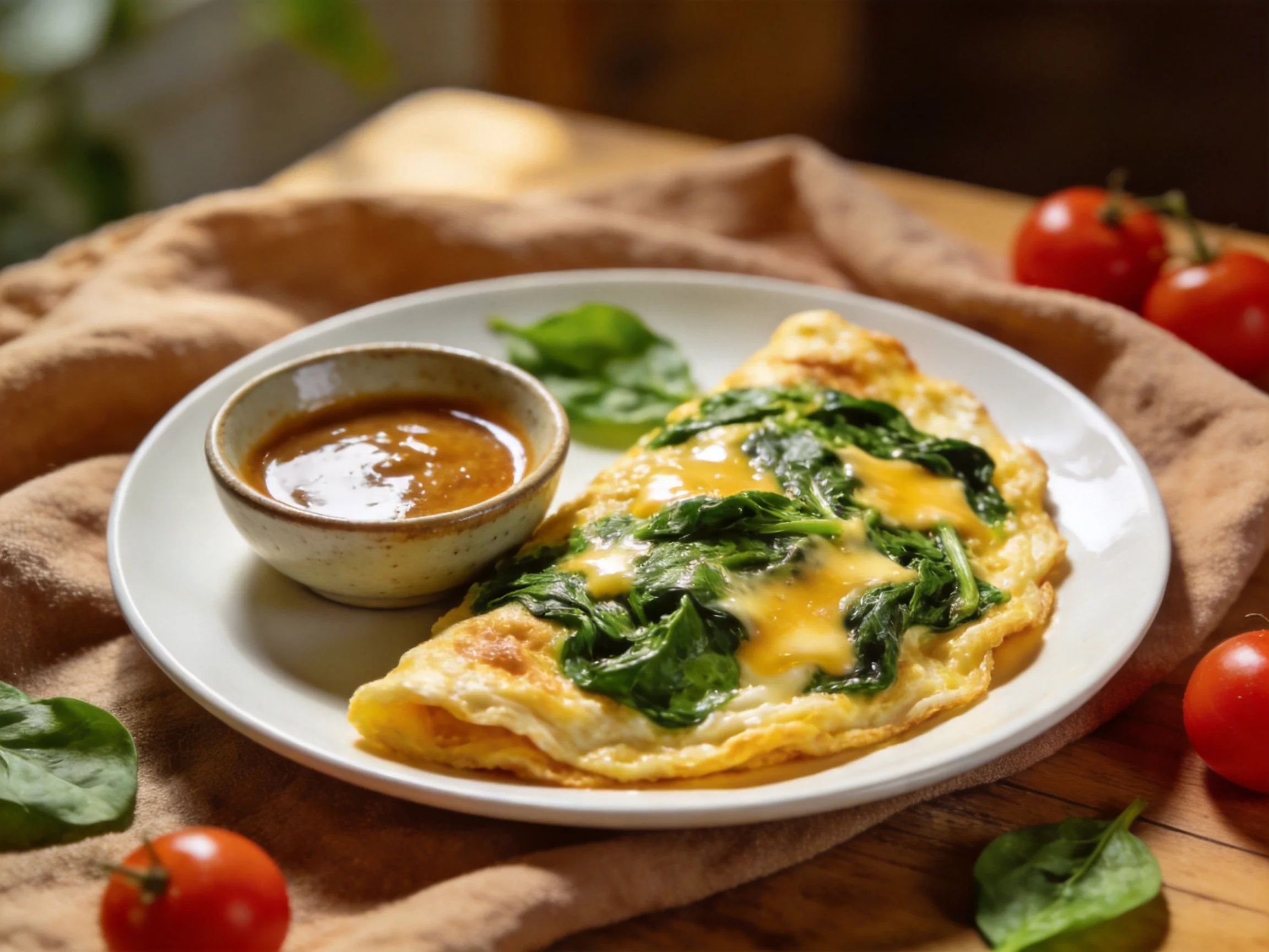 Golden-brown omelet with spinach and cheese on a white plate