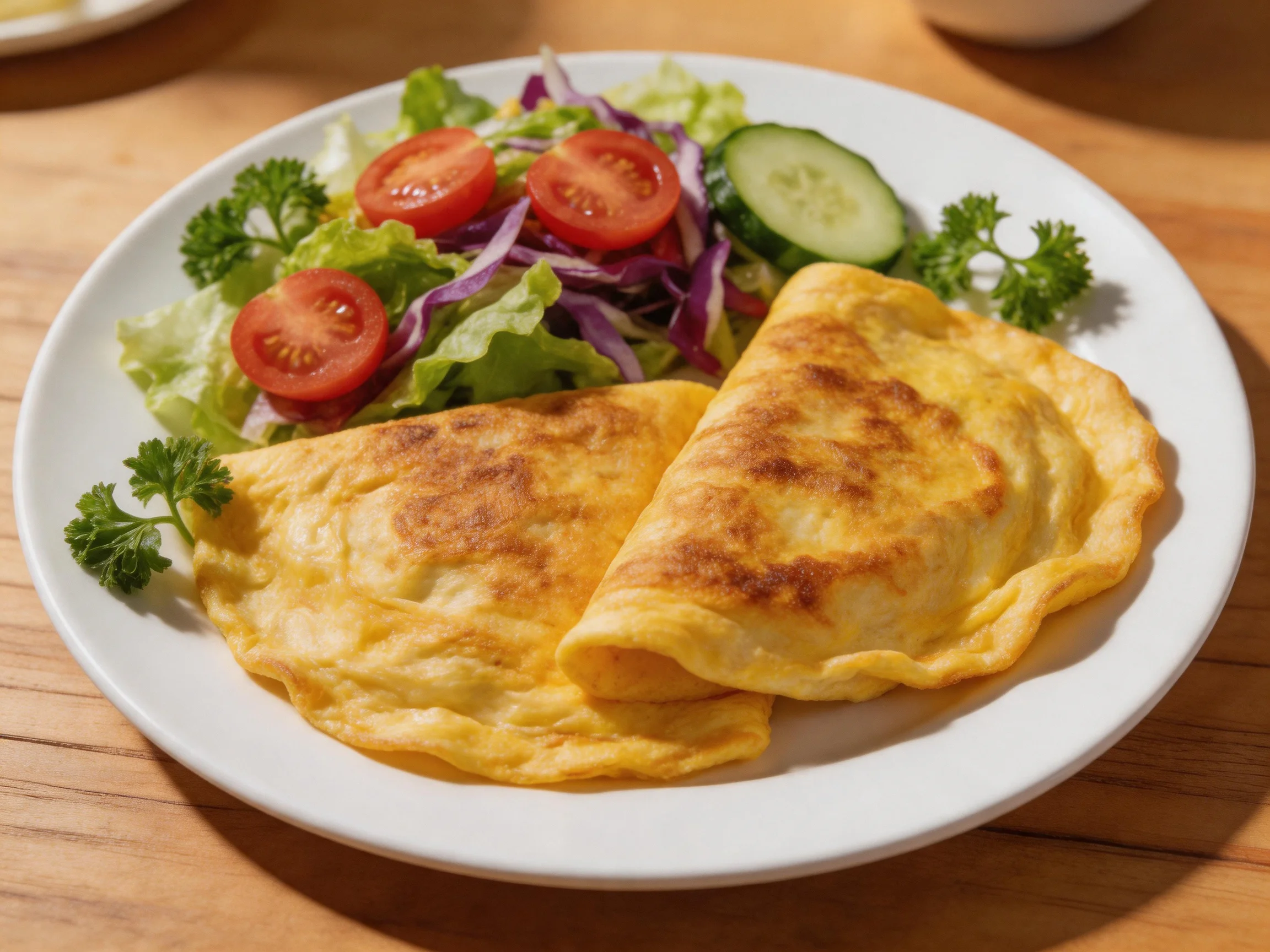 Golden-brown omelets served with fresh vegetable salad on a white plate