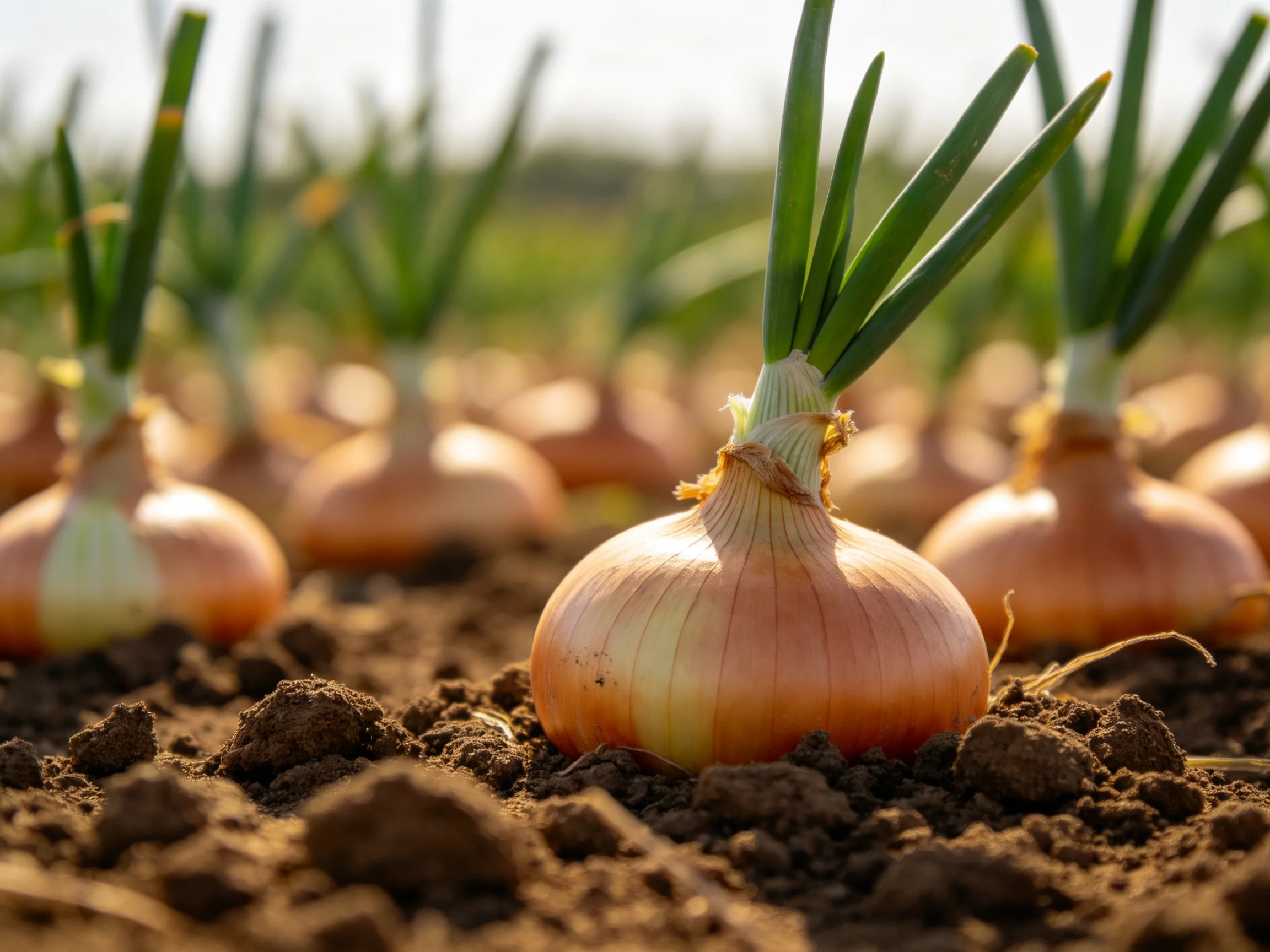 Golden-brown onion bulbs with green shoots growing in cultivated soil