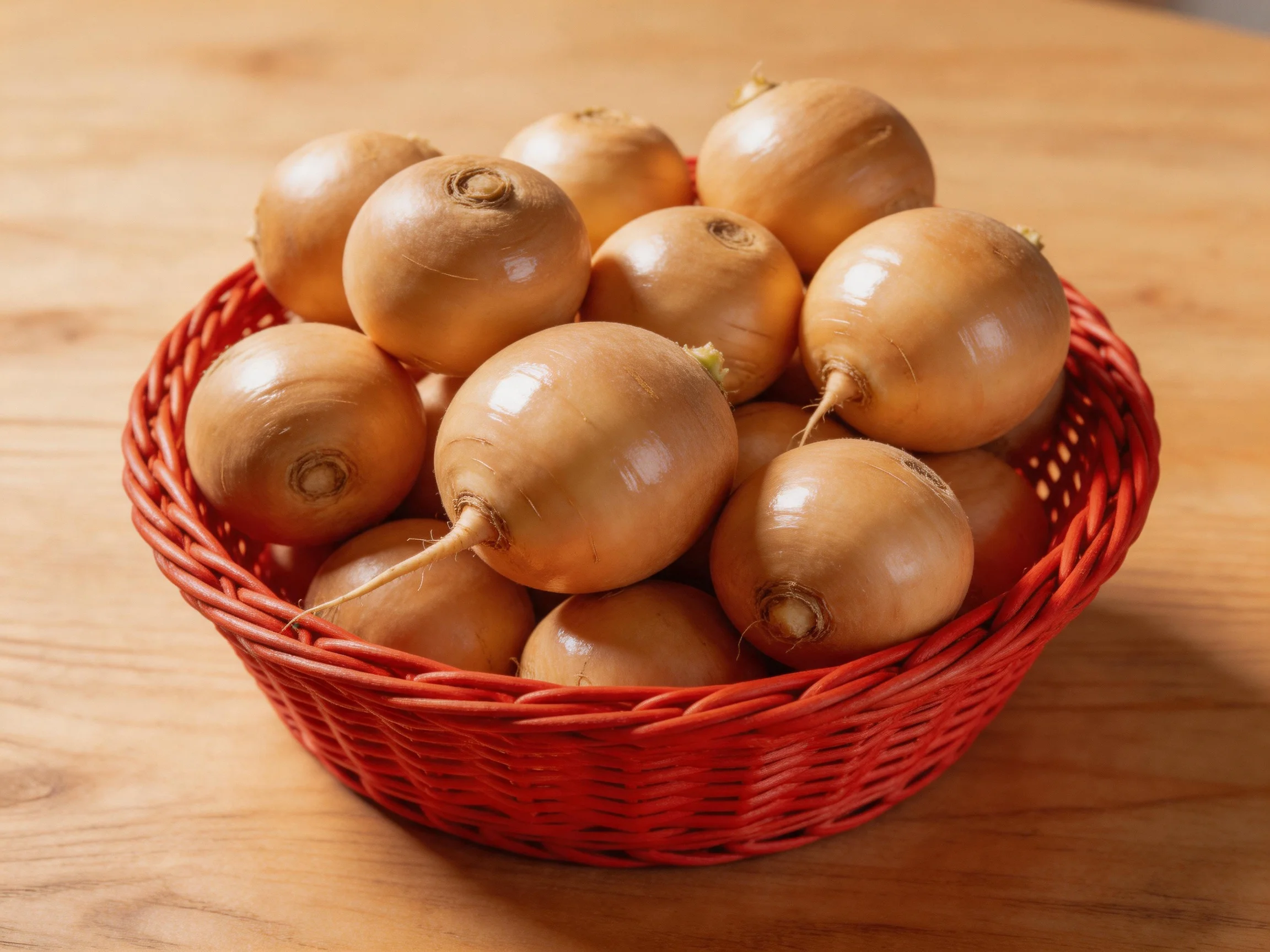 Golden-brown onions arranged in a bright red wicker basket on wood