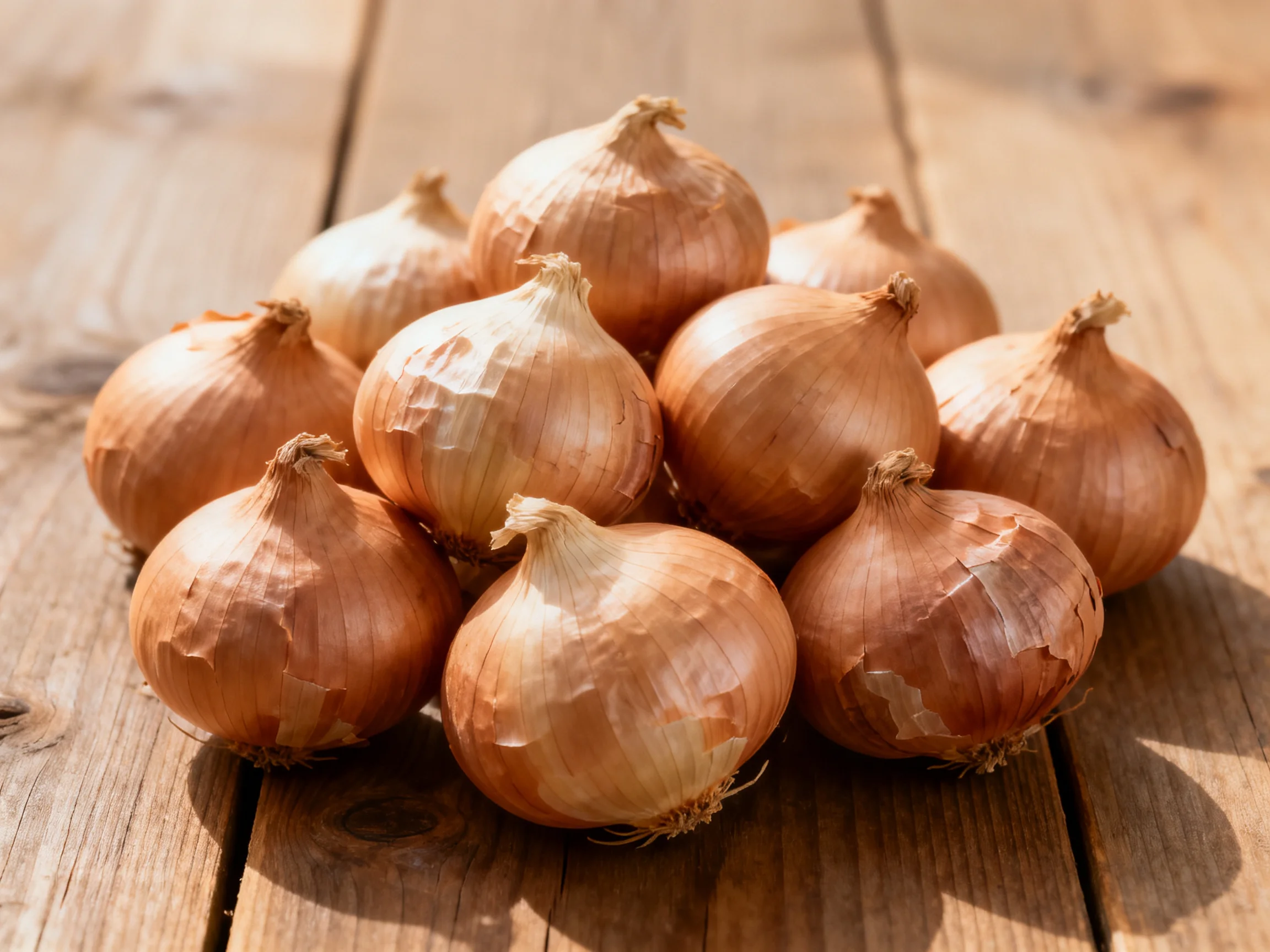 Golden-brown onions clustered on a wooden table