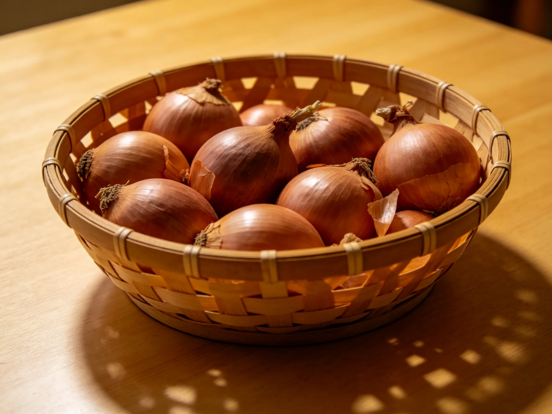 Golden-brown onions fill a bamboo basket on a wooden table