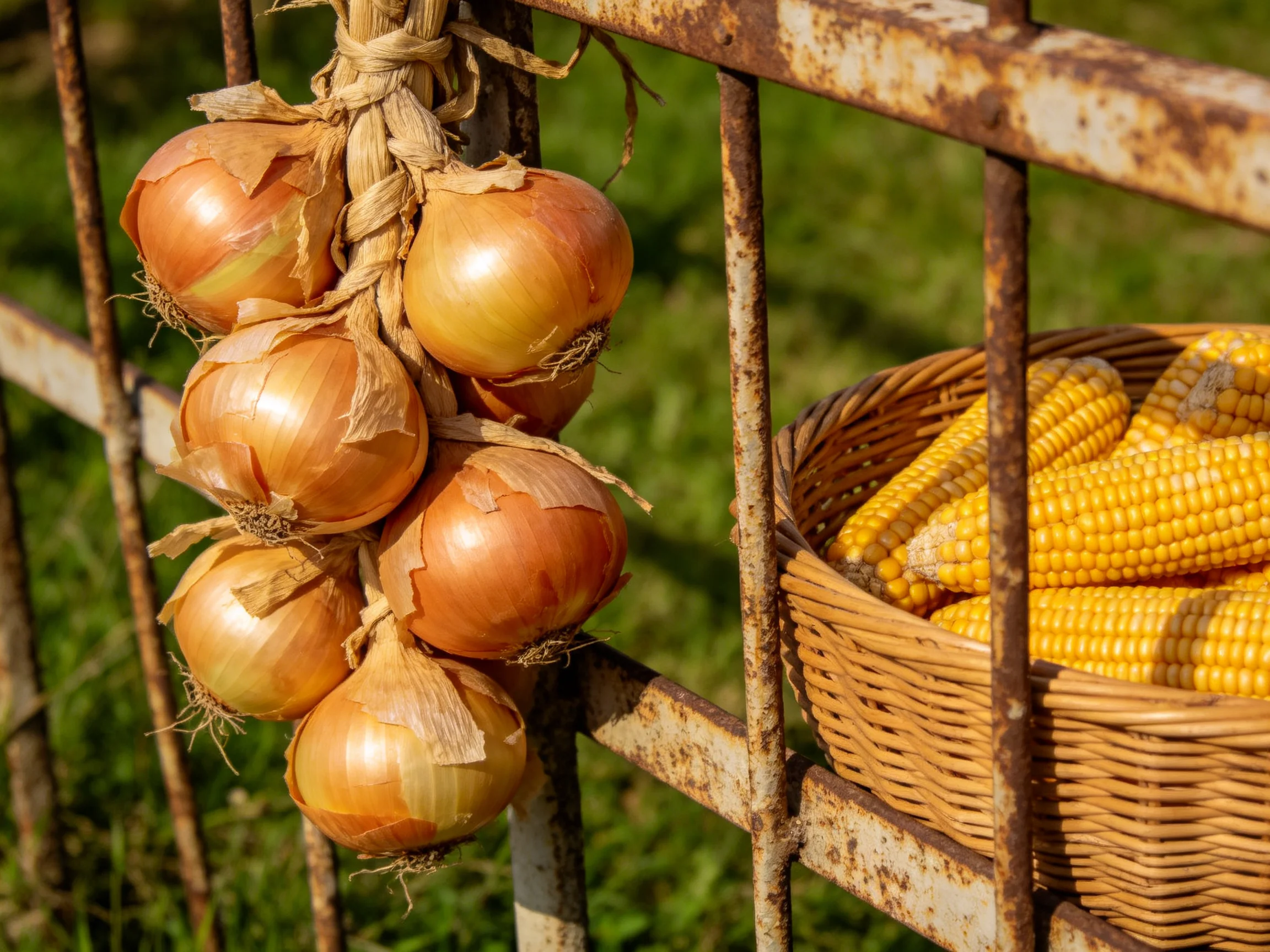 Golden-brown onions hang beside a basket of yellow corn near a rusted metal fence