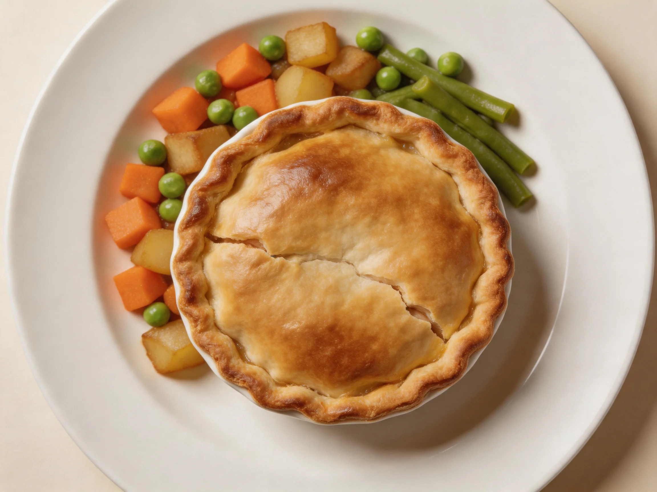Golden-brown pastry pie with mixed vegetables on a white plate
