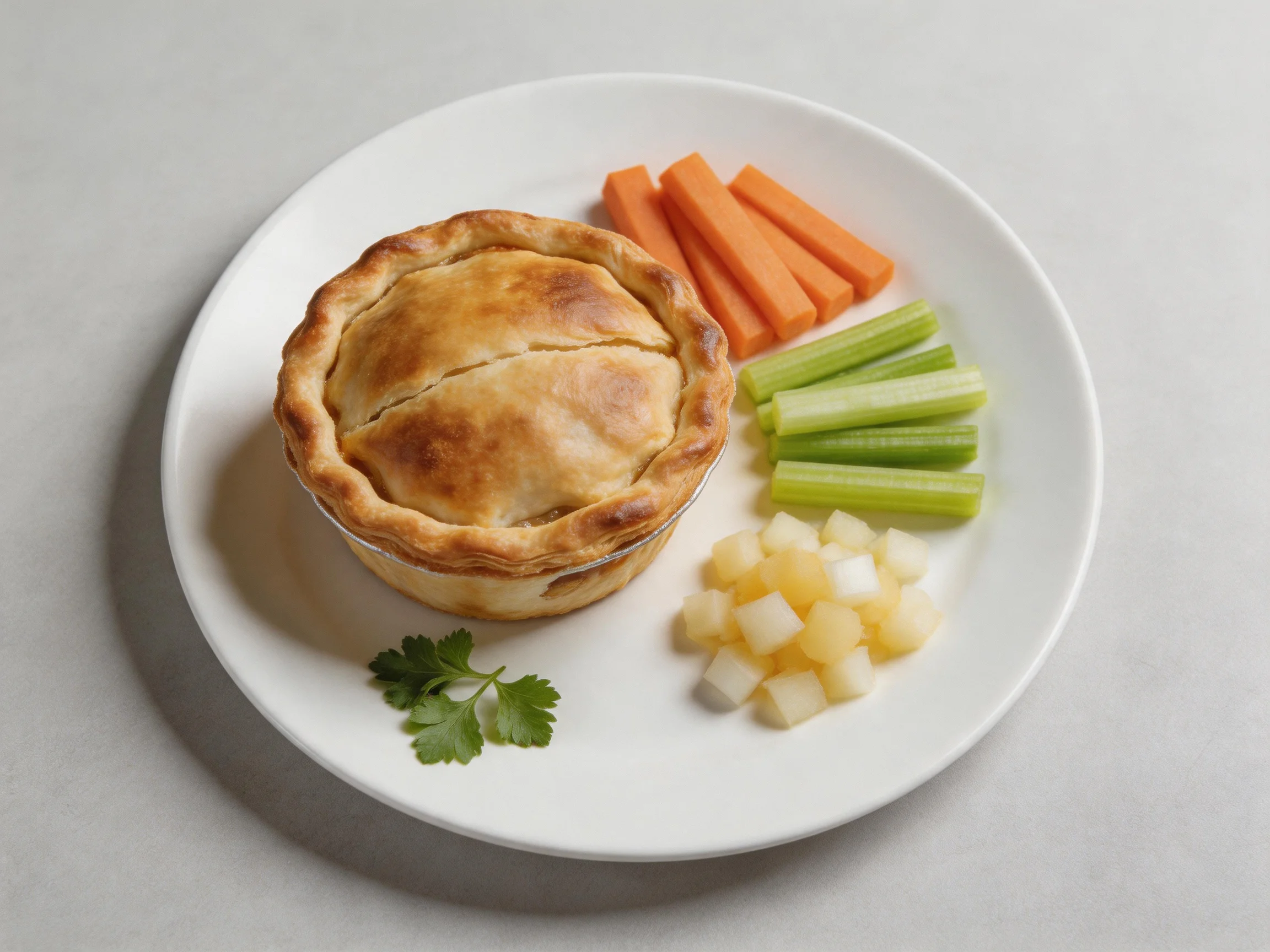 Golden-brown pie served with carrot sticks, celery sticks, and diced fruit on a white plate