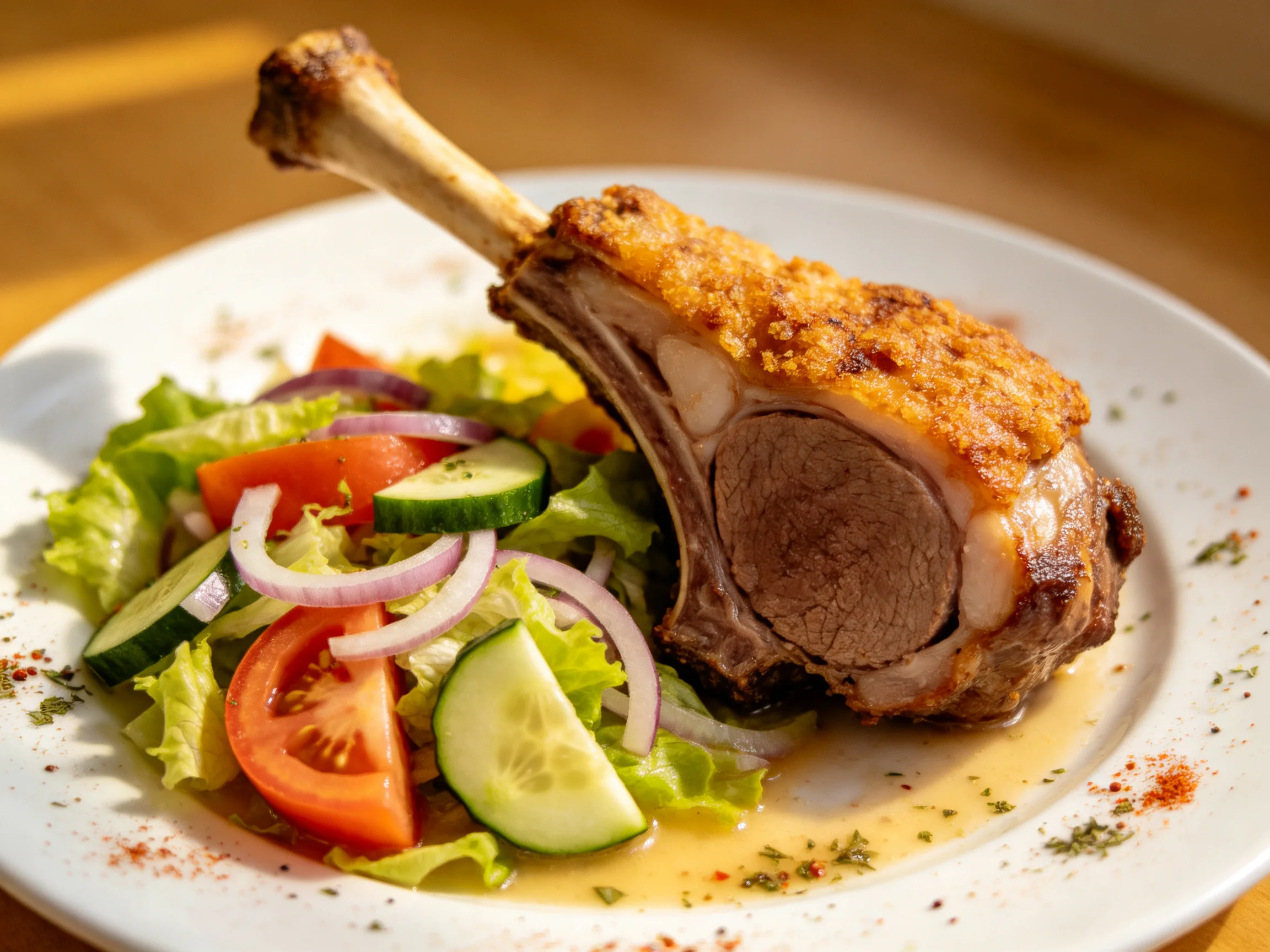 Golden-brown roasted meat cut served with fresh mixed vegetable salad