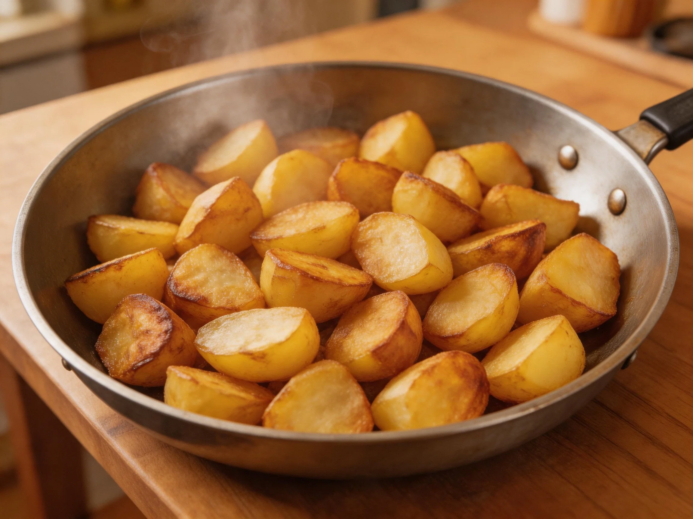 Golden-brown roasted potato chunks cooking in a stainless steel pan with steam rising