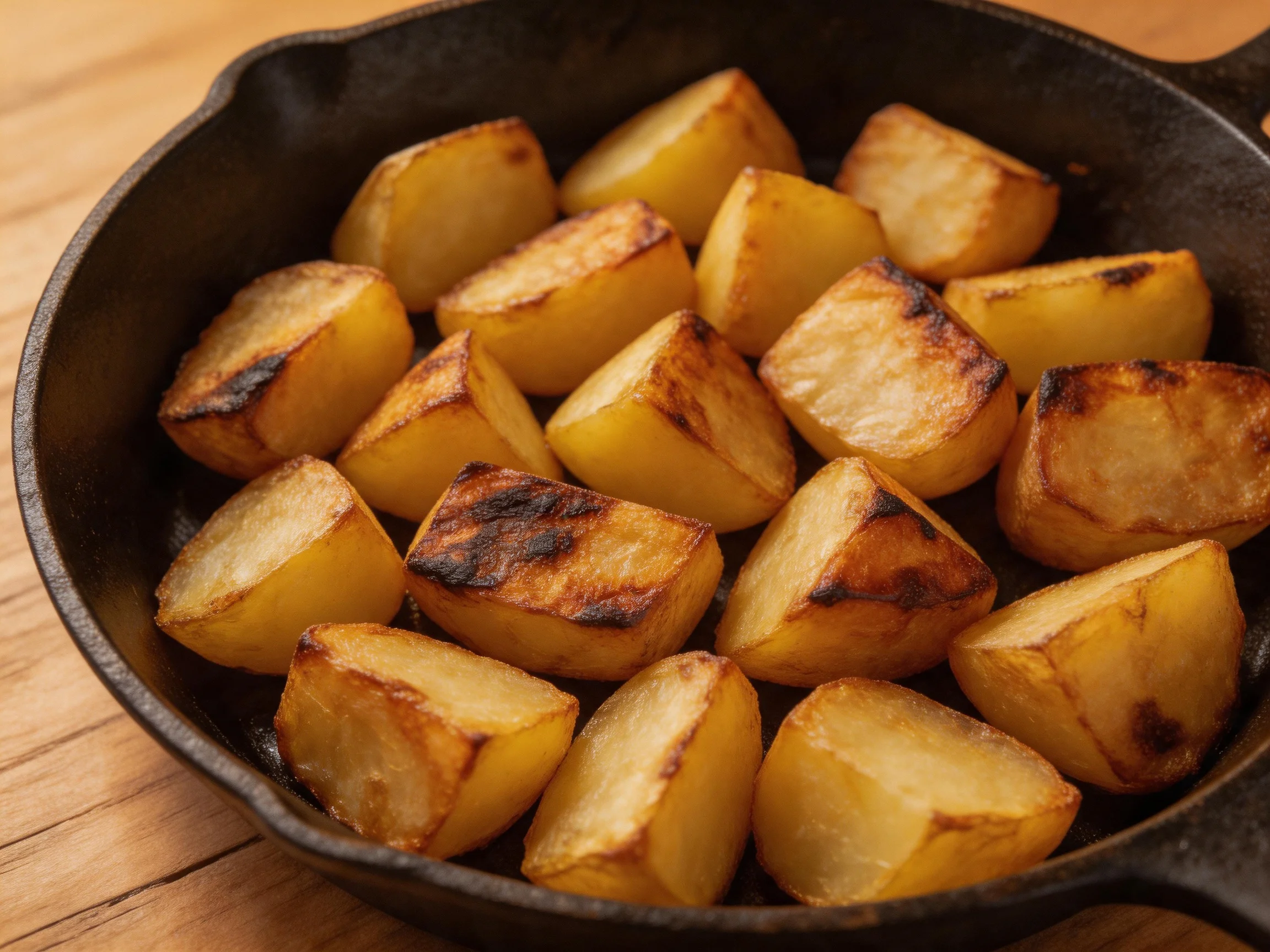 Golden-brown roasted potato chunks in a black cast iron skillet