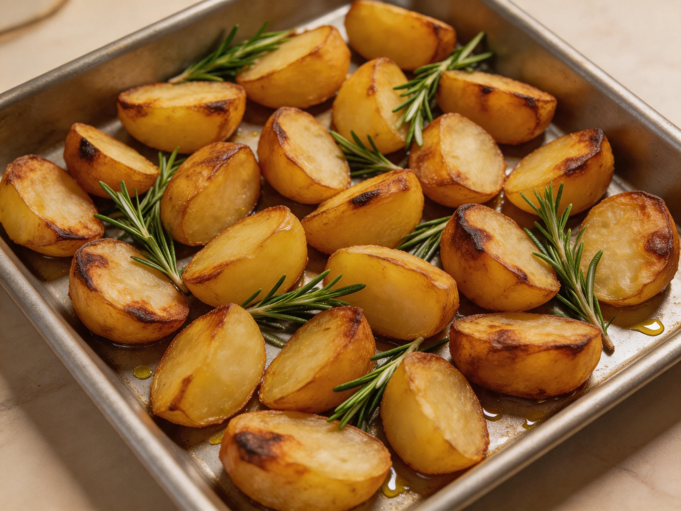 Golden-brown roasted potato halves garnished with fresh rosemary sprigs
