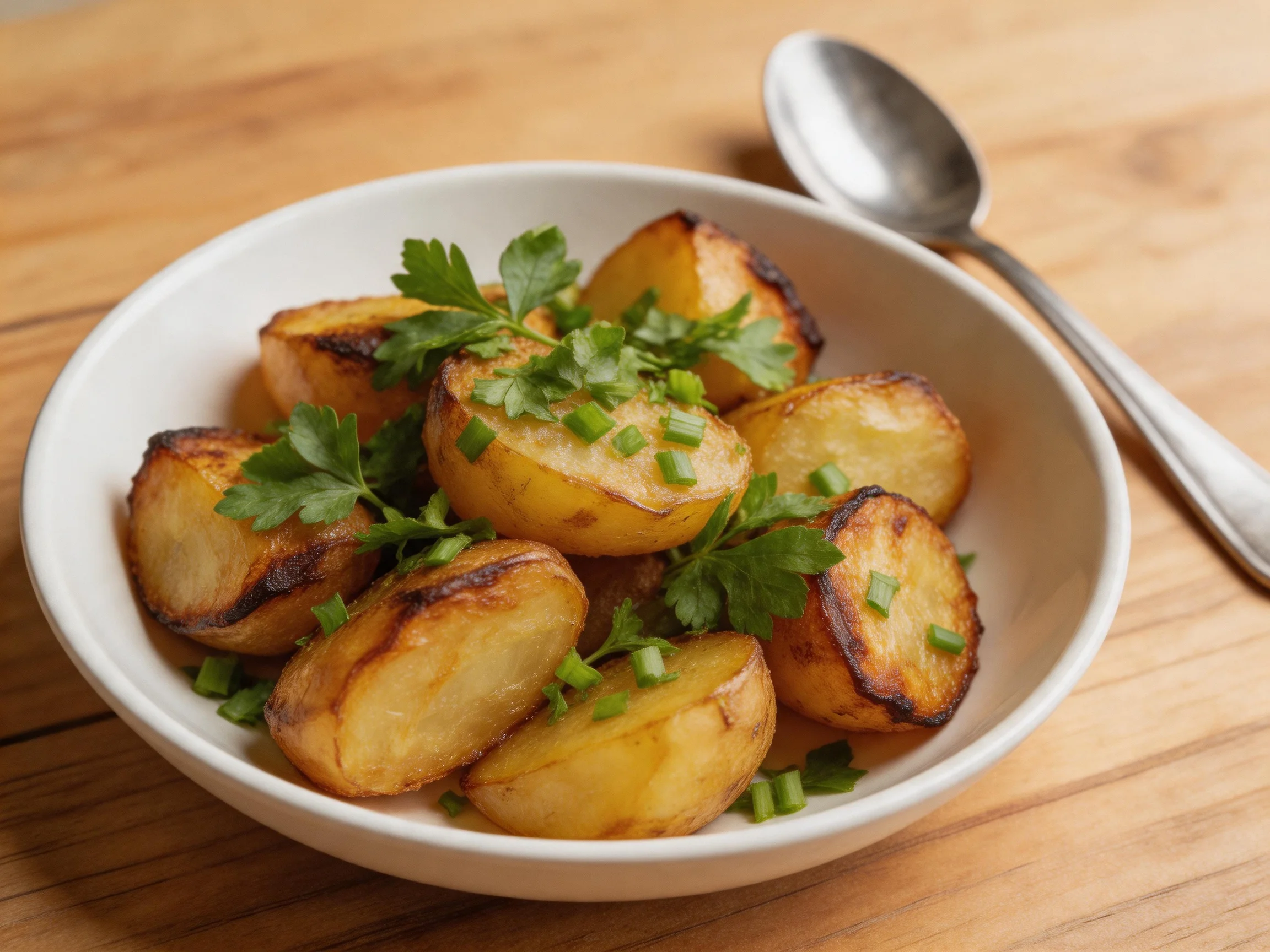 Golden-brown roasted potato halves garnished with parsley and chives in a white bowl