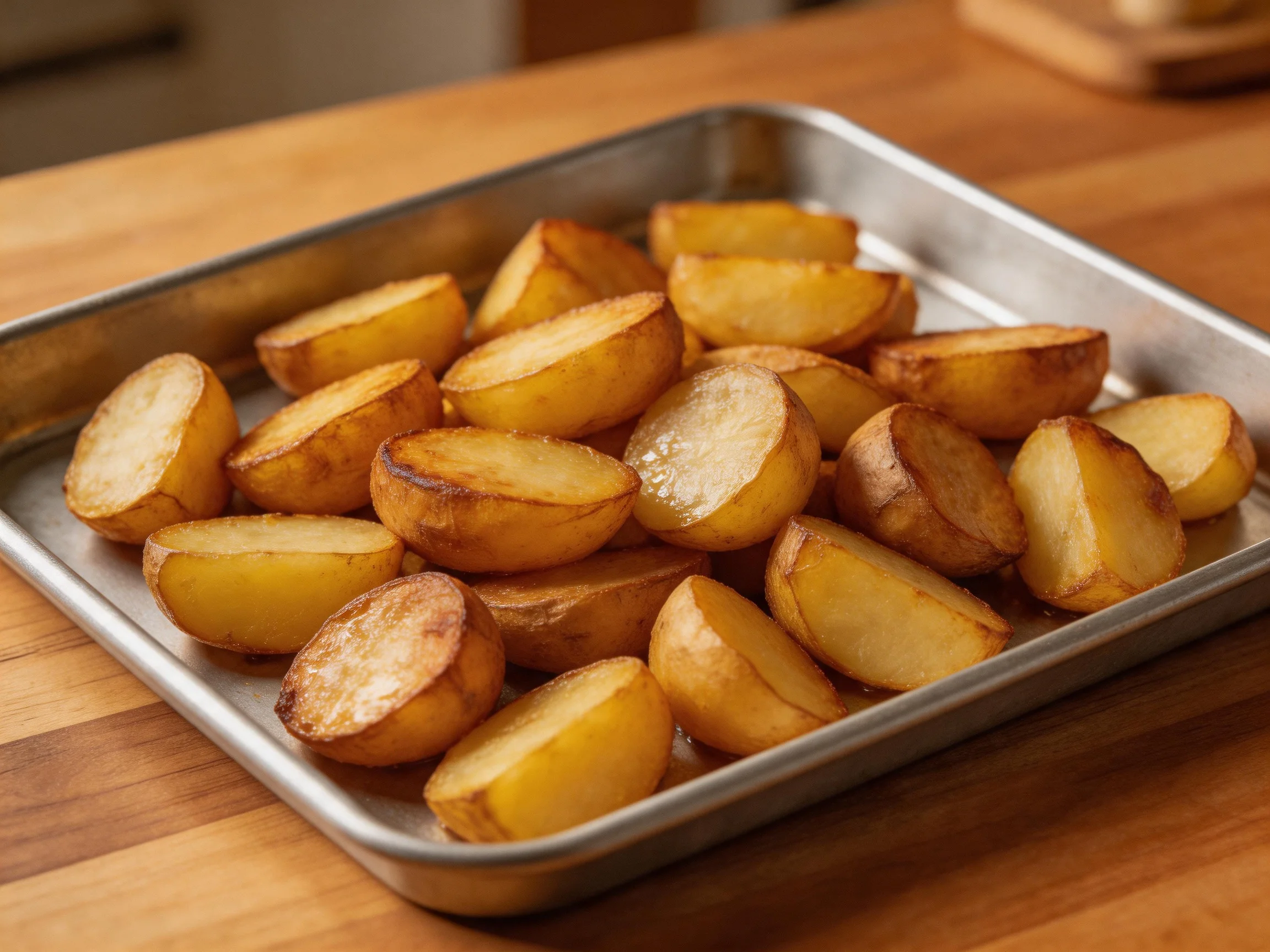 Golden-brown roasted potato wedges on a metallic baking tray