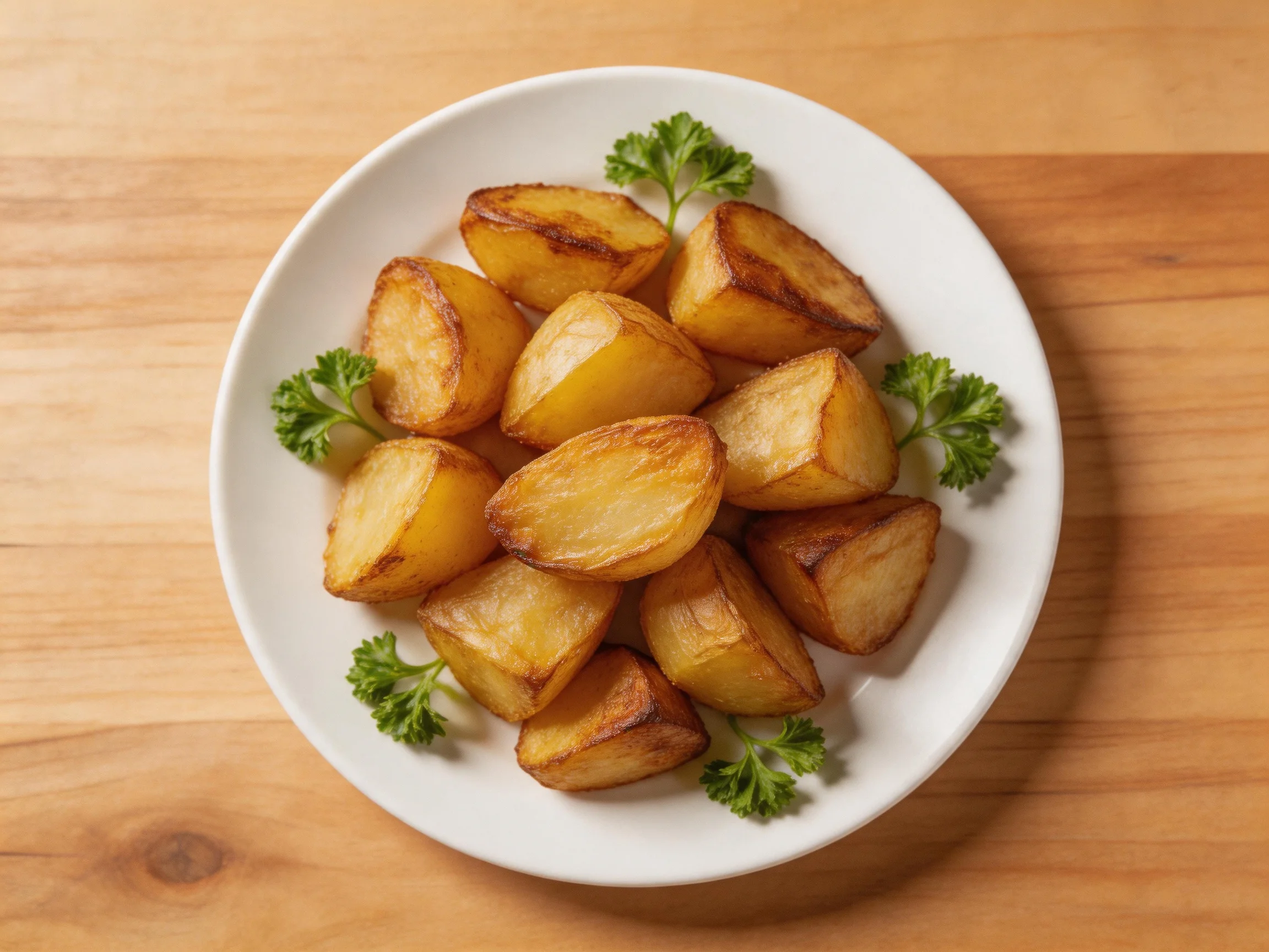 Golden-brown roasted potato wedges on a white plate with parsley