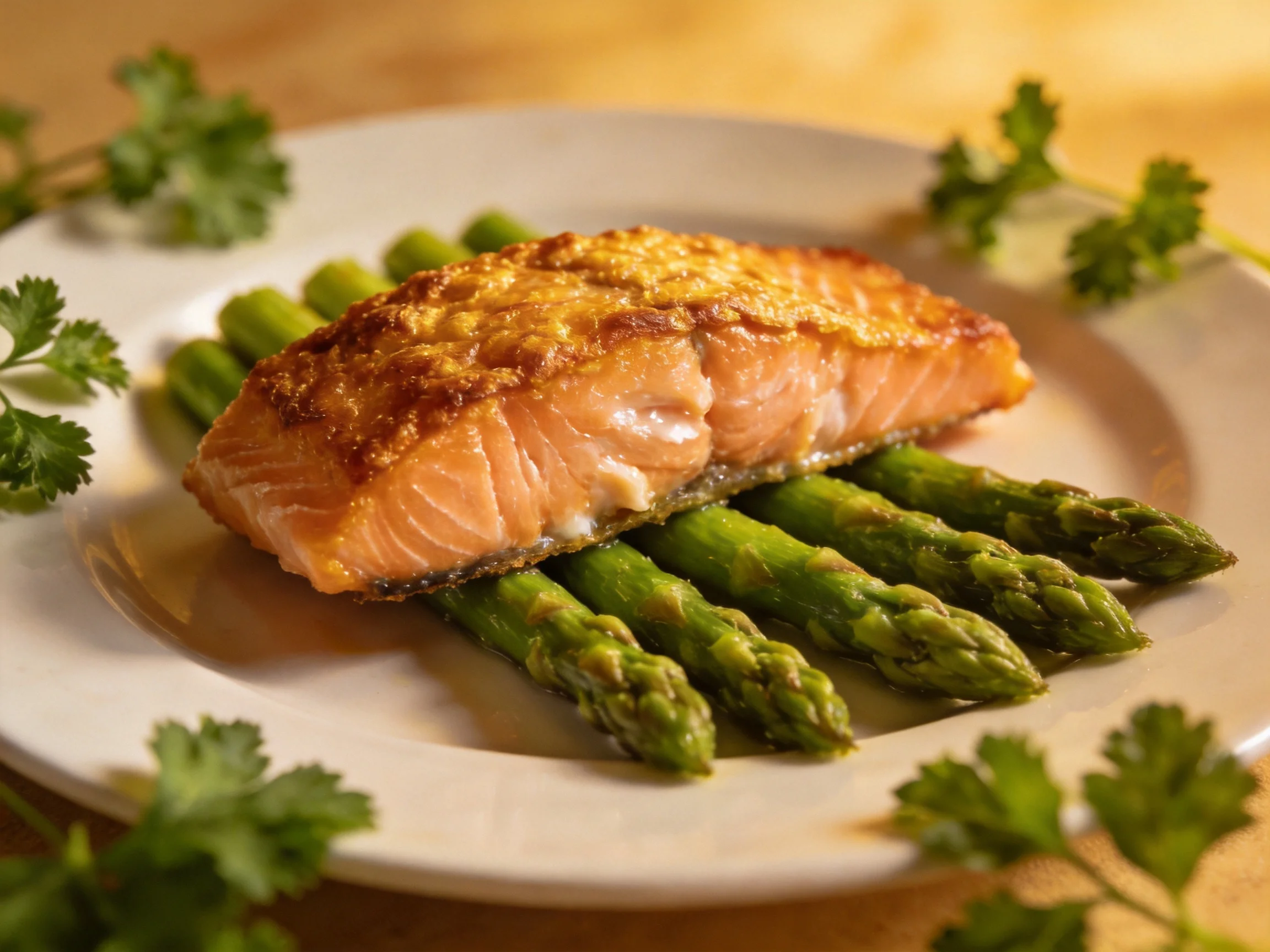 Golden-brown salmon fillet served atop fresh green asparagus with parsley garnish