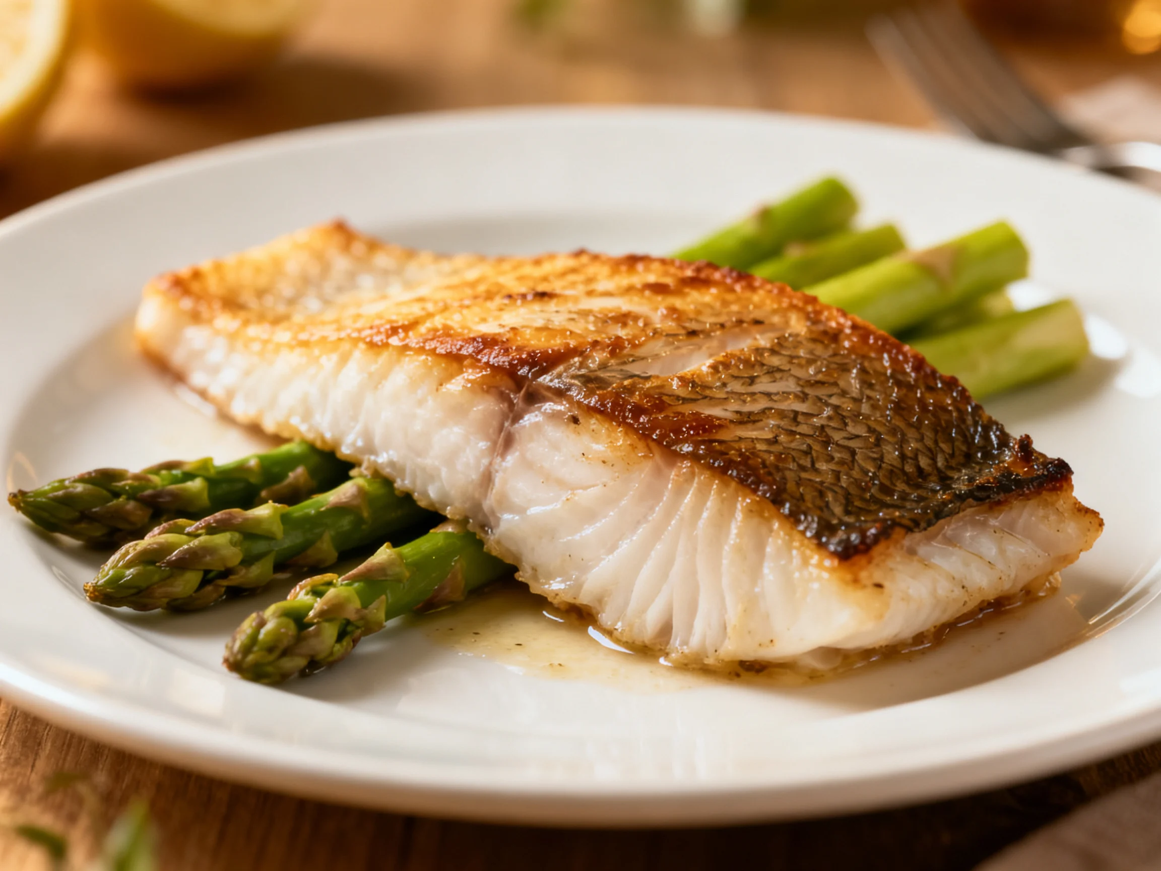 Golden-brown seared fish fillet with fresh green asparagus on a white plate