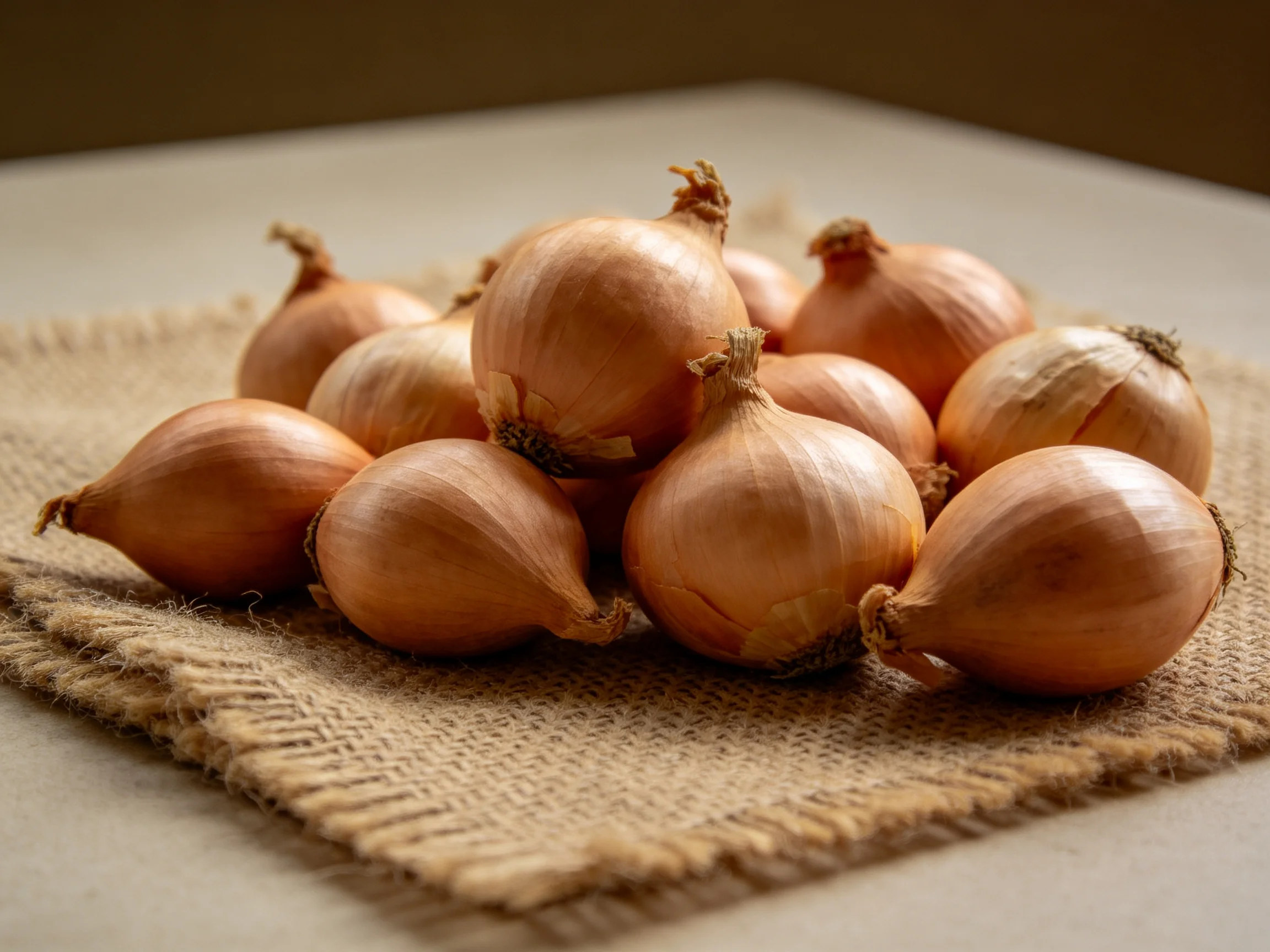 Golden-brown shallots arranged on a burlap cloth