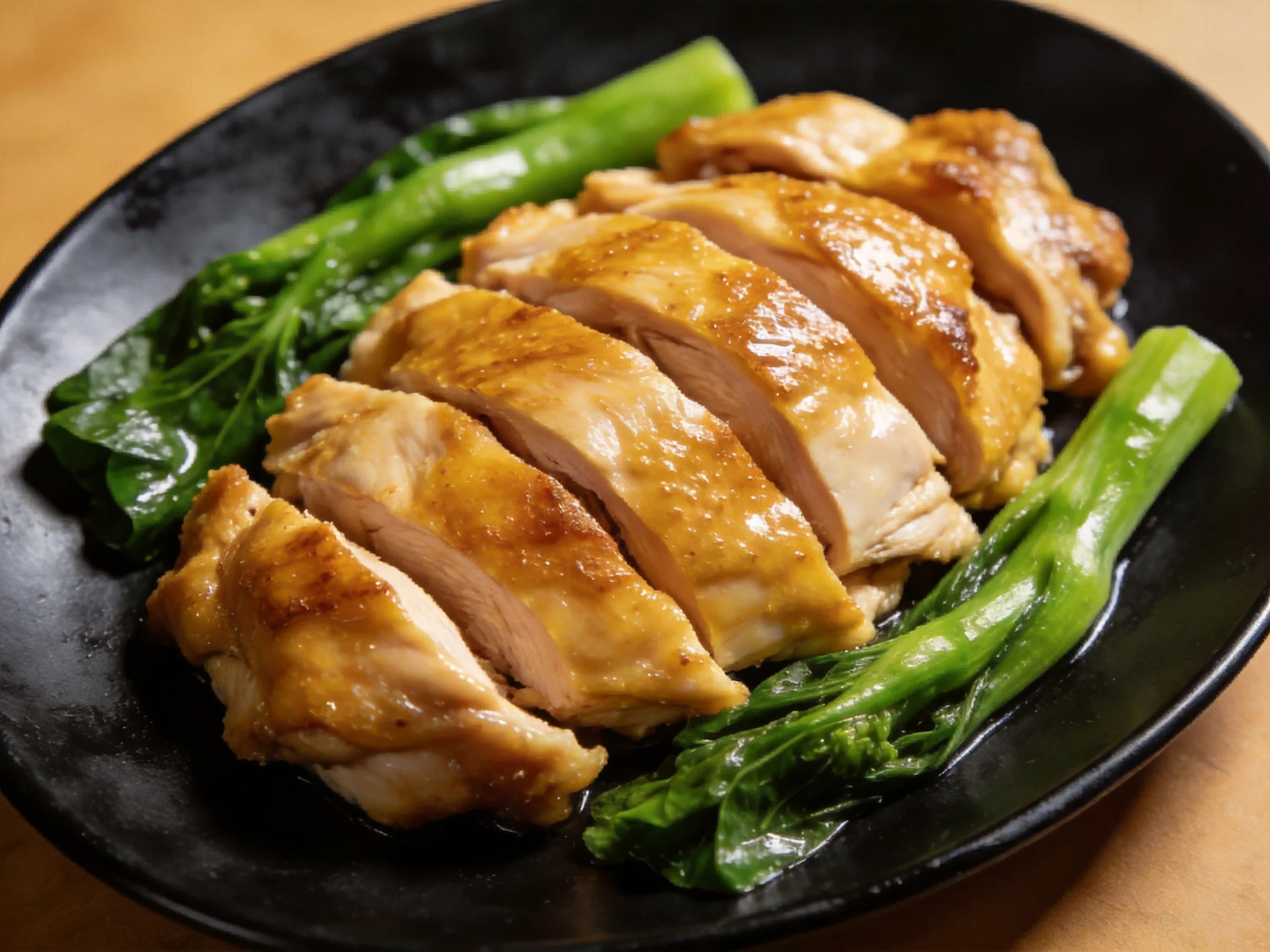 Golden-brown sliced roast chicken with vibrant green vegetables on a glossy black plate