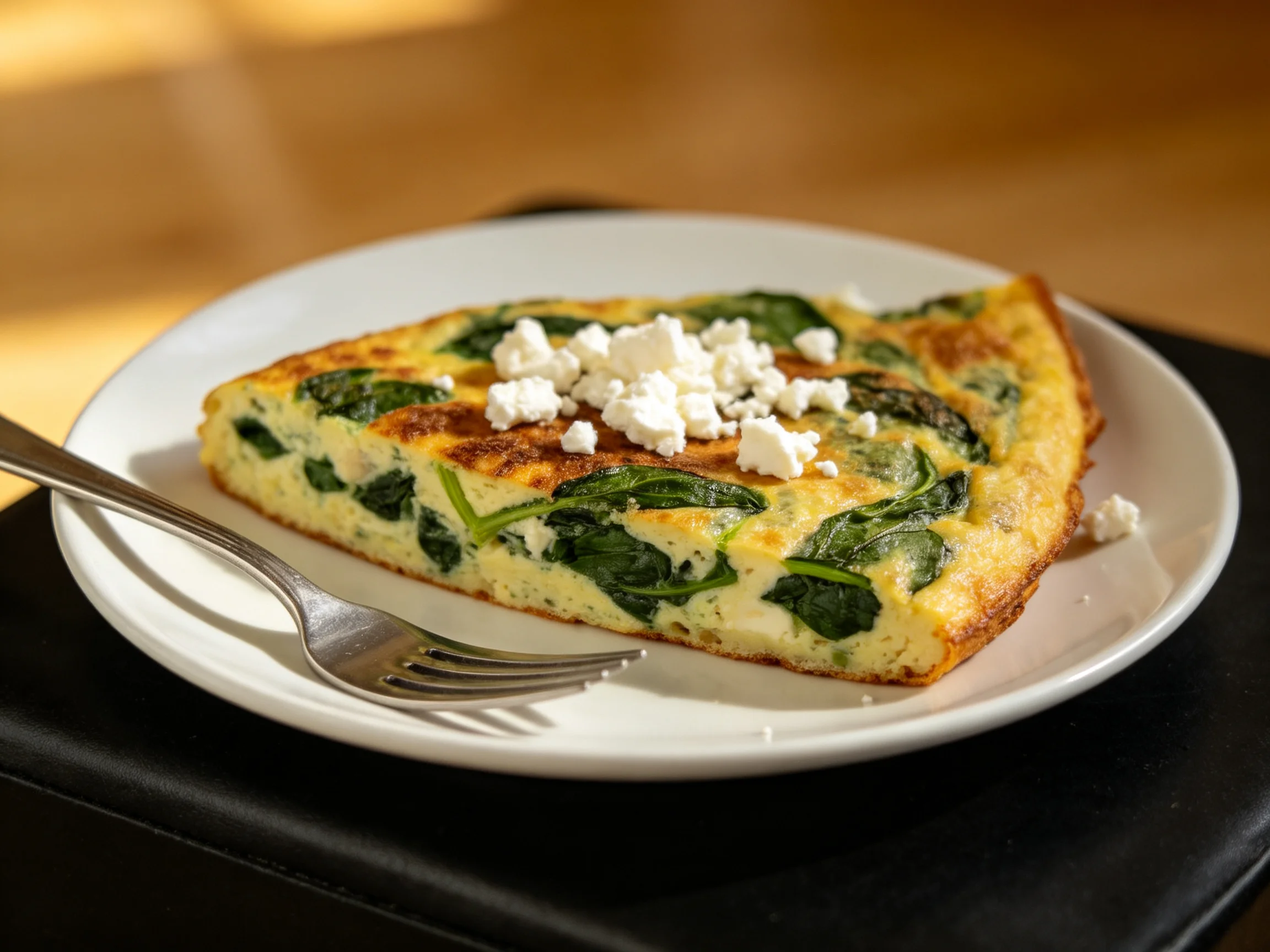 Golden-brown spinach frittata slice with crumbled cheese on white plate