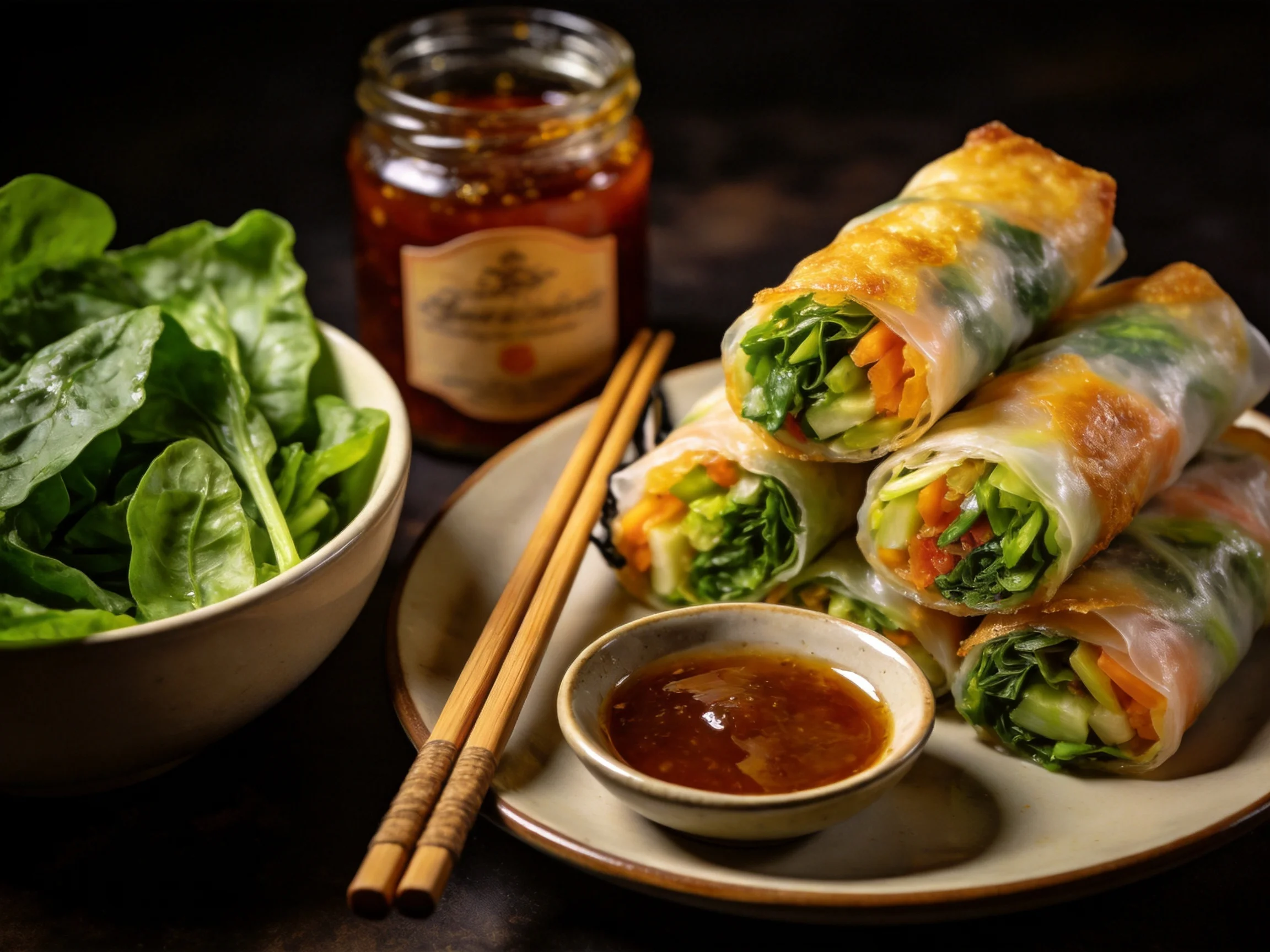 Golden-brown vegetable spring rolls with fresh greens and dipping sauces