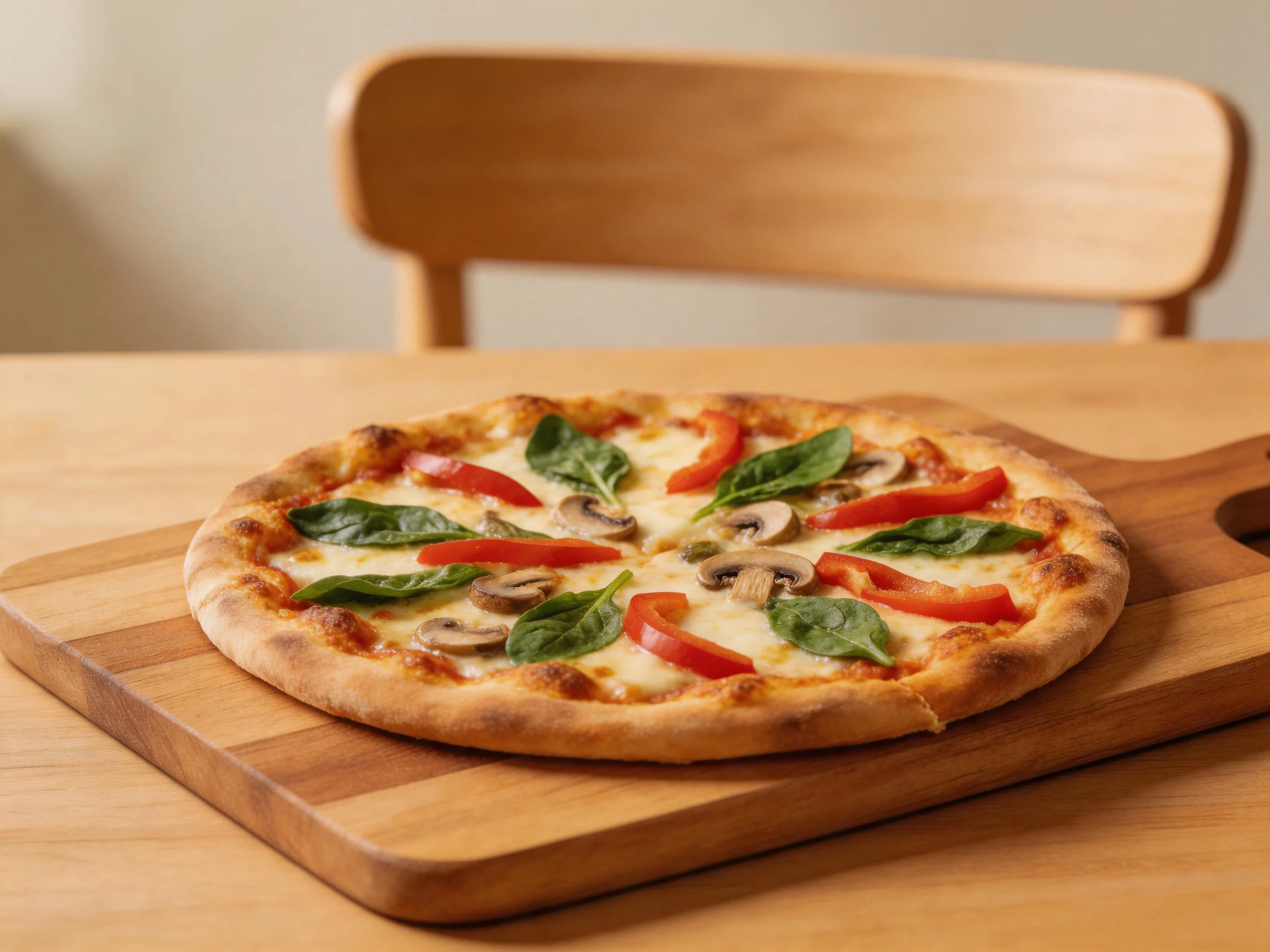 Golden-brown veggie pizza with red peppers, spinach, and mushrooms on a wooden cutting board