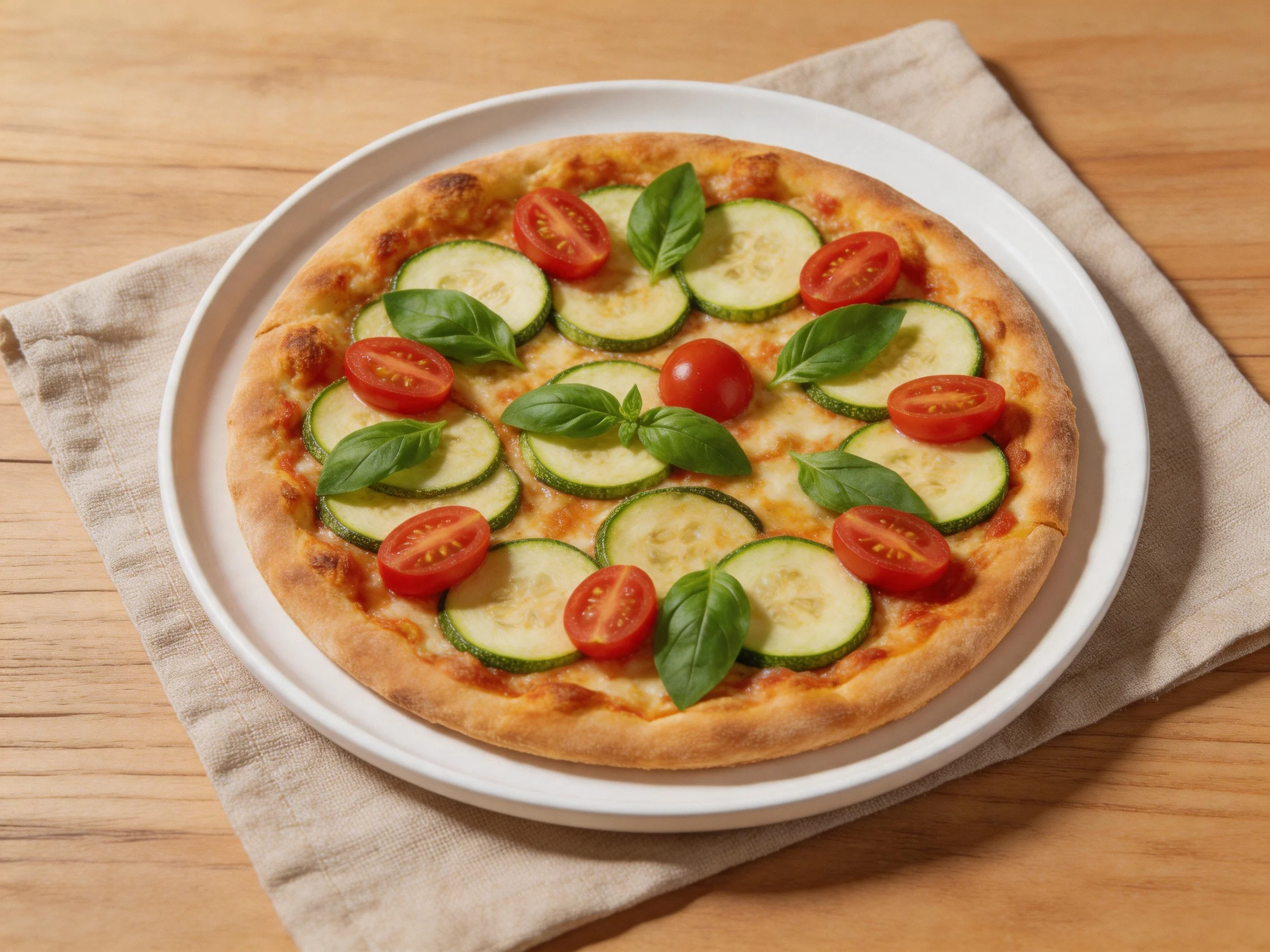 Golden-brown veggie pizza with zucchini, cherry tomatoes, and basil