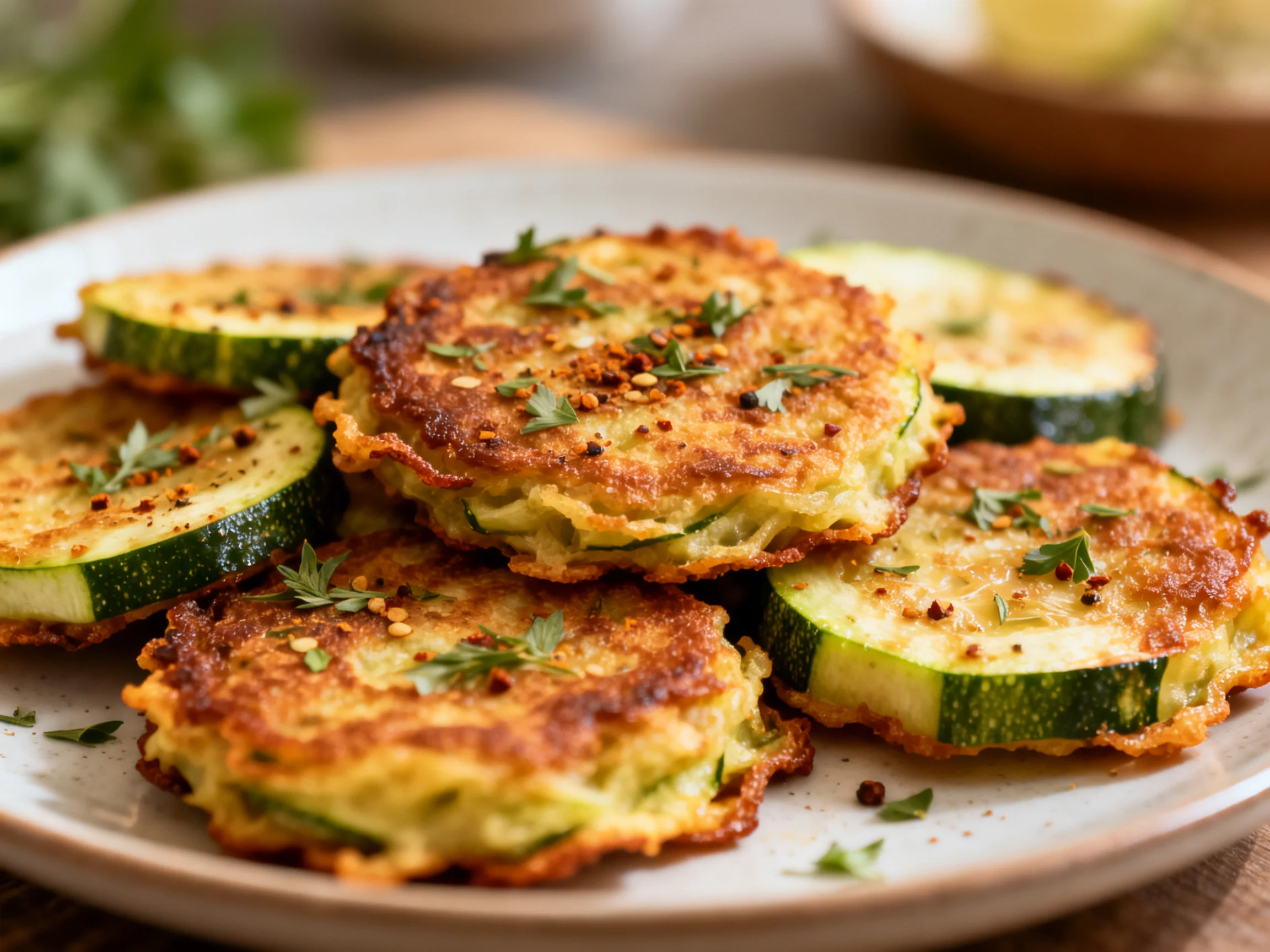 Golden-brown zucchini fritters garnished with fresh herbs on a white plate