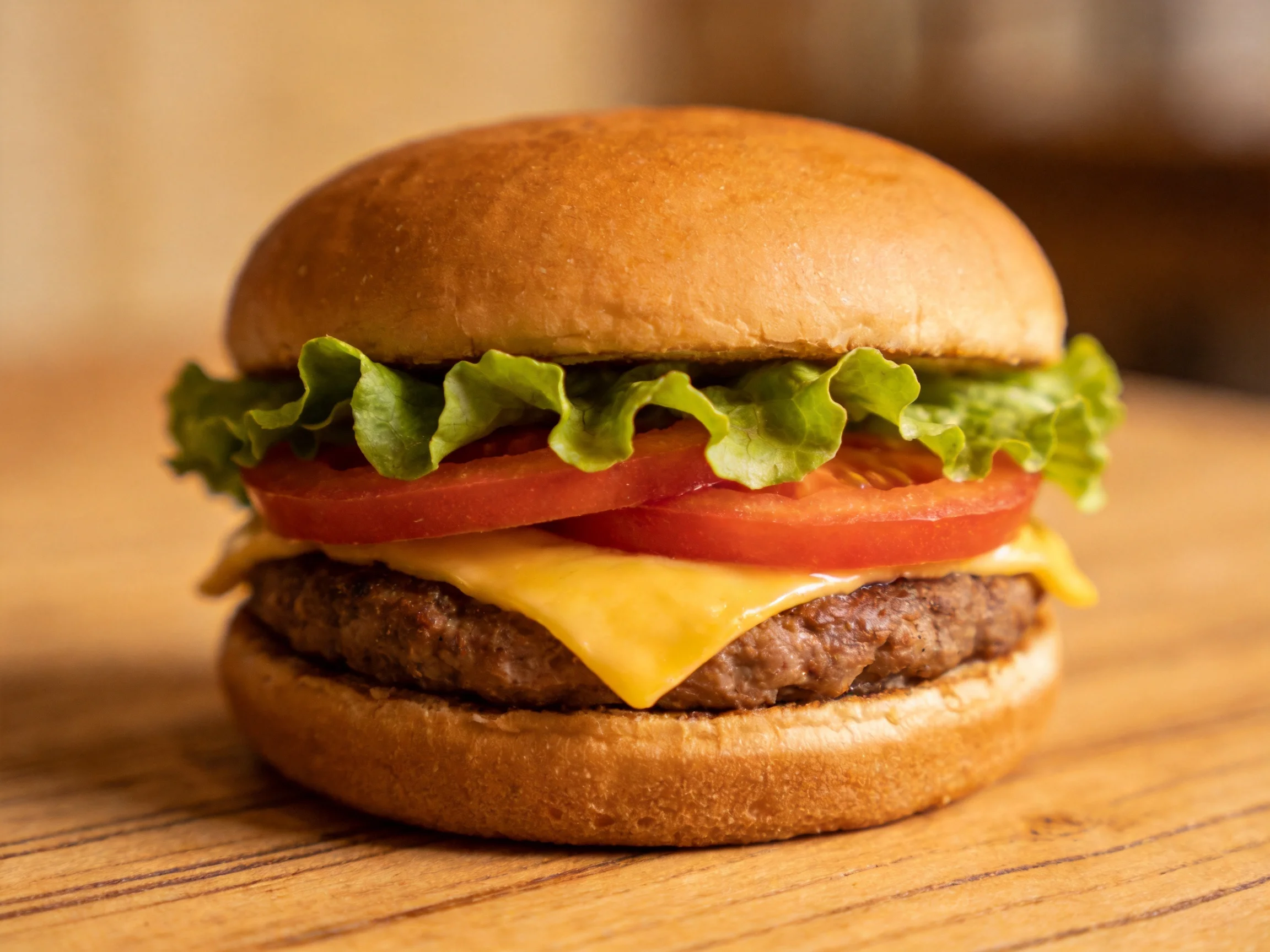 Golden-bun cheeseburger with crisp lettuce and ripe tomato slices