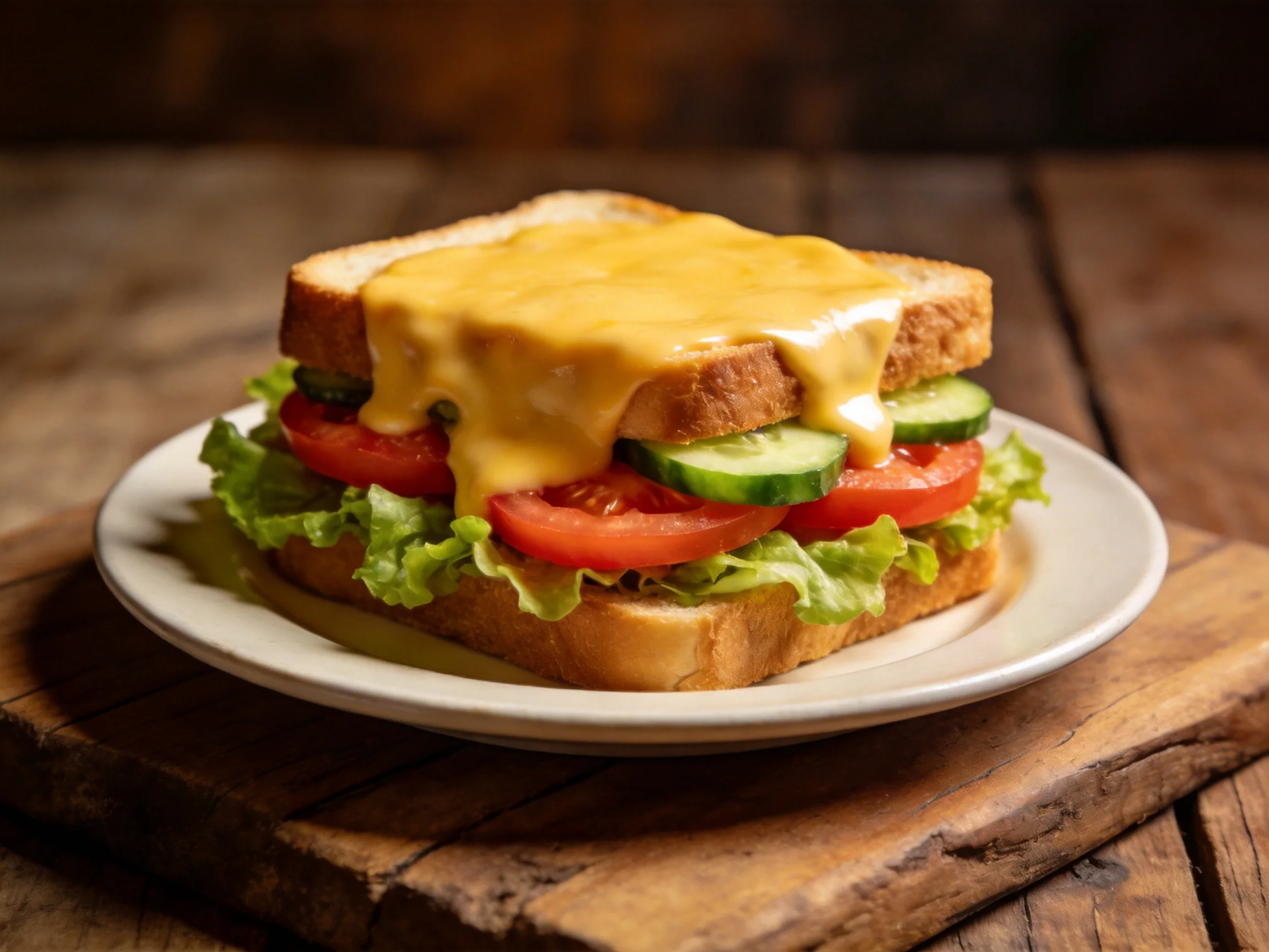 Golden-cheese-topped veggie sandwich on toasted bread