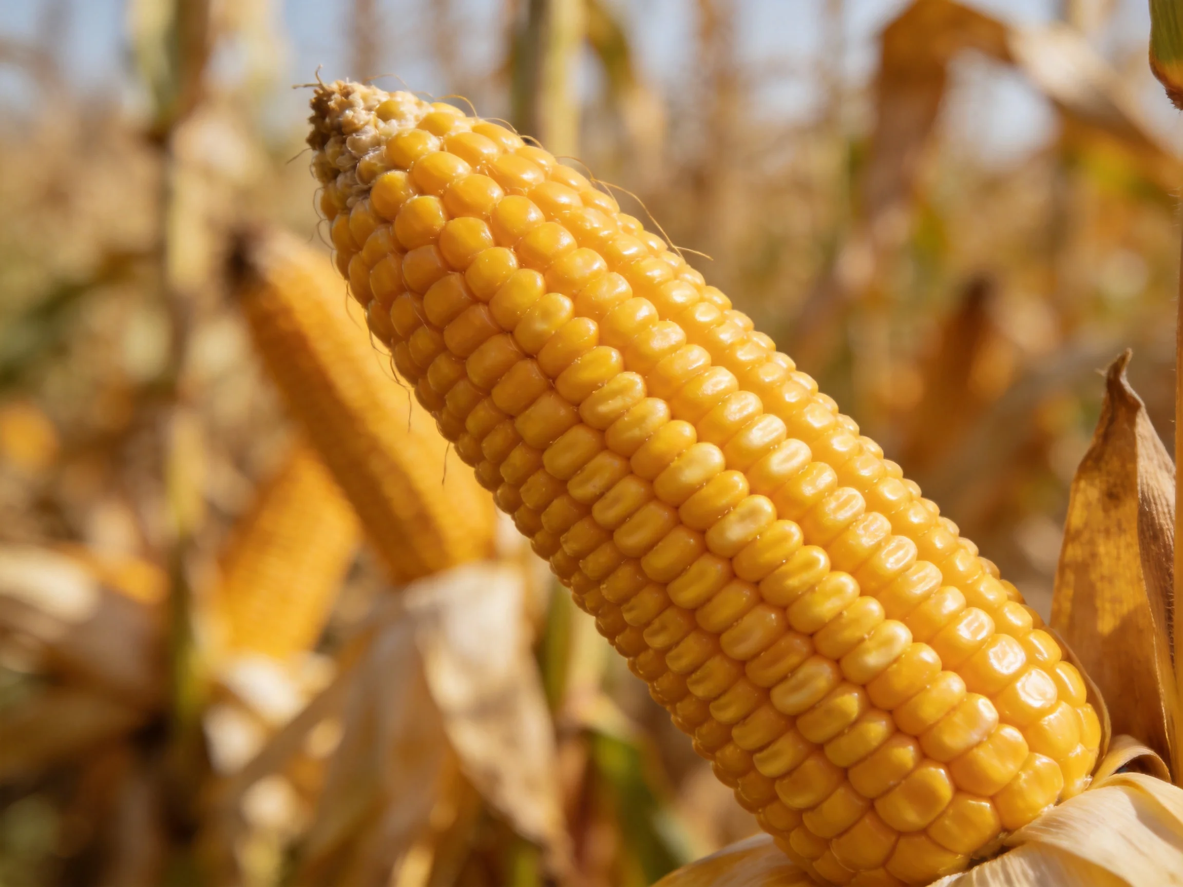 Golden corn cob displayed in a sunlit cornfield