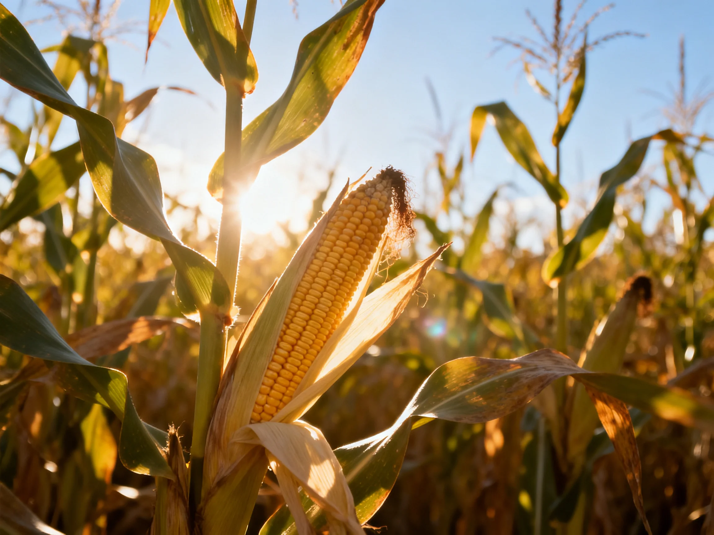 Golden corn cob illuminated by sunlight amid tall green corn stalks