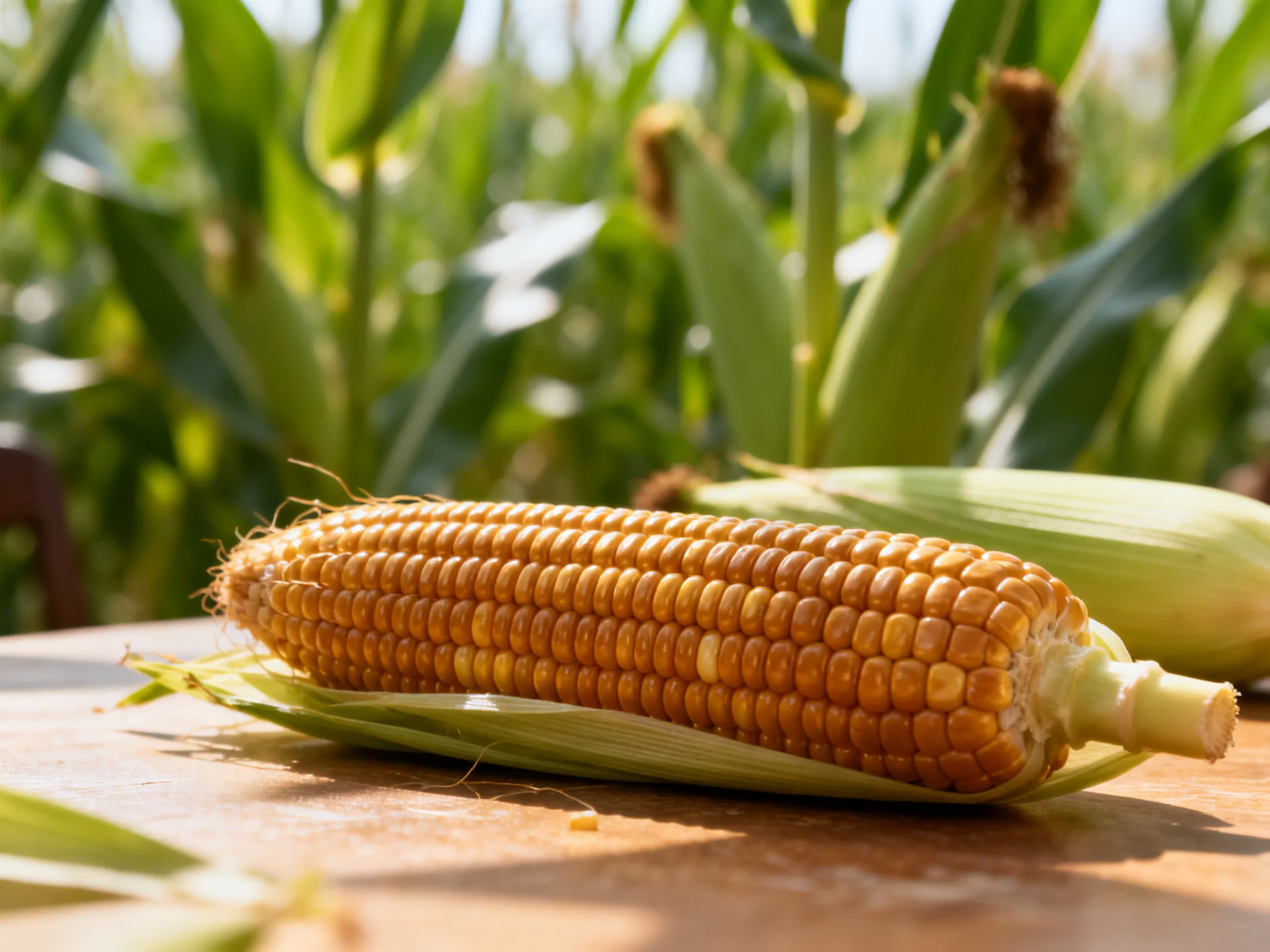 Golden corn cob on wooden table near cornfield vegetation