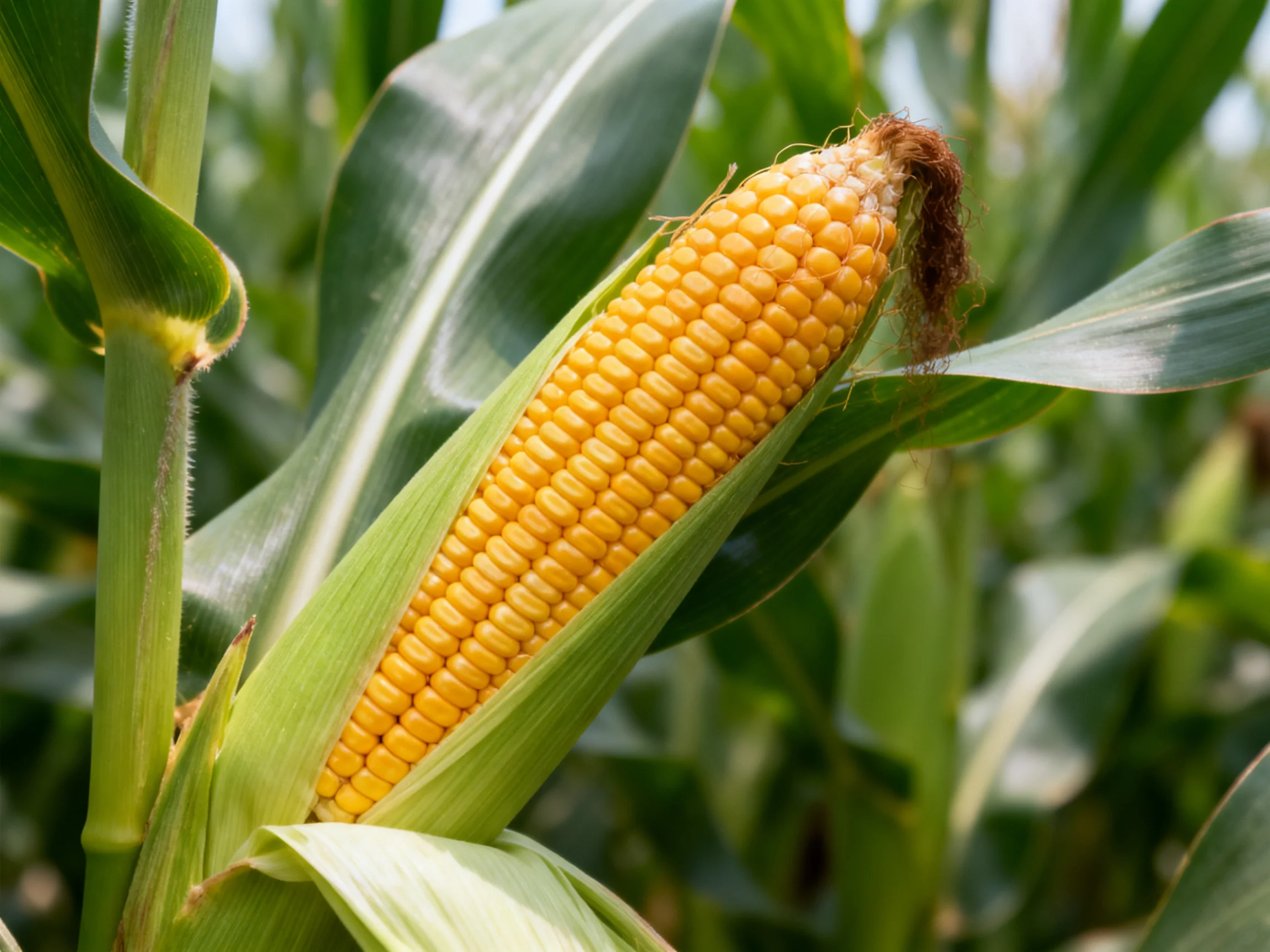 Golden corn cob with green husk amidst lush green leaves