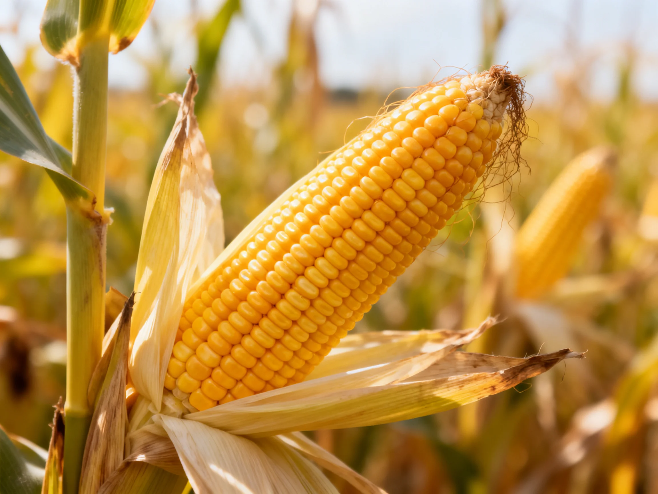 Golden corn cob with partially peeled husk in sunlit farm field