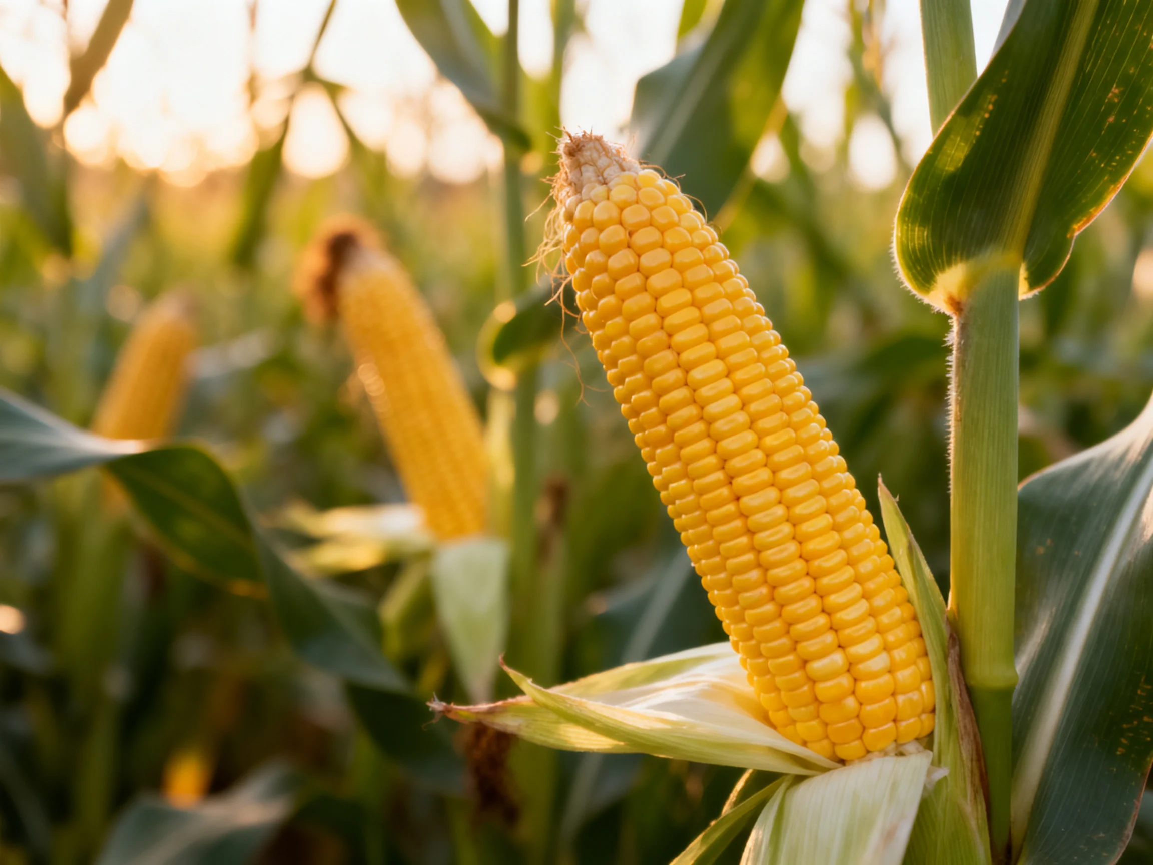 Golden corn cobs glisten amid lush green stalks in sunlit field