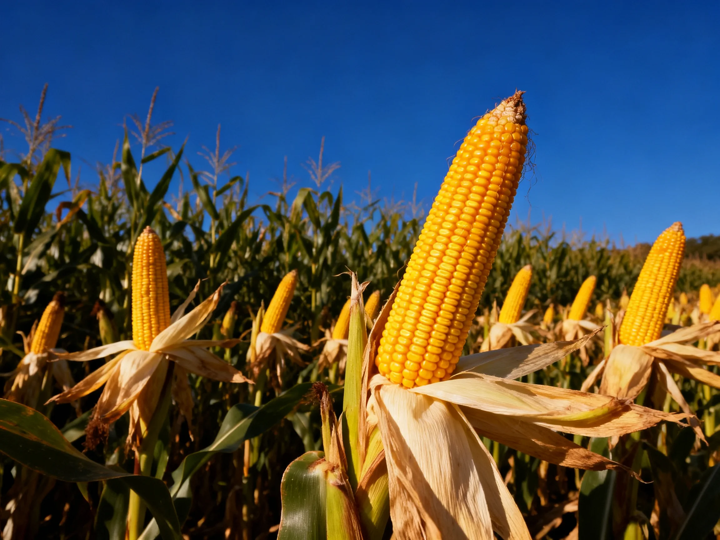 Golden corn cobs thrive in a sprawling agricultural field under bright blue skies