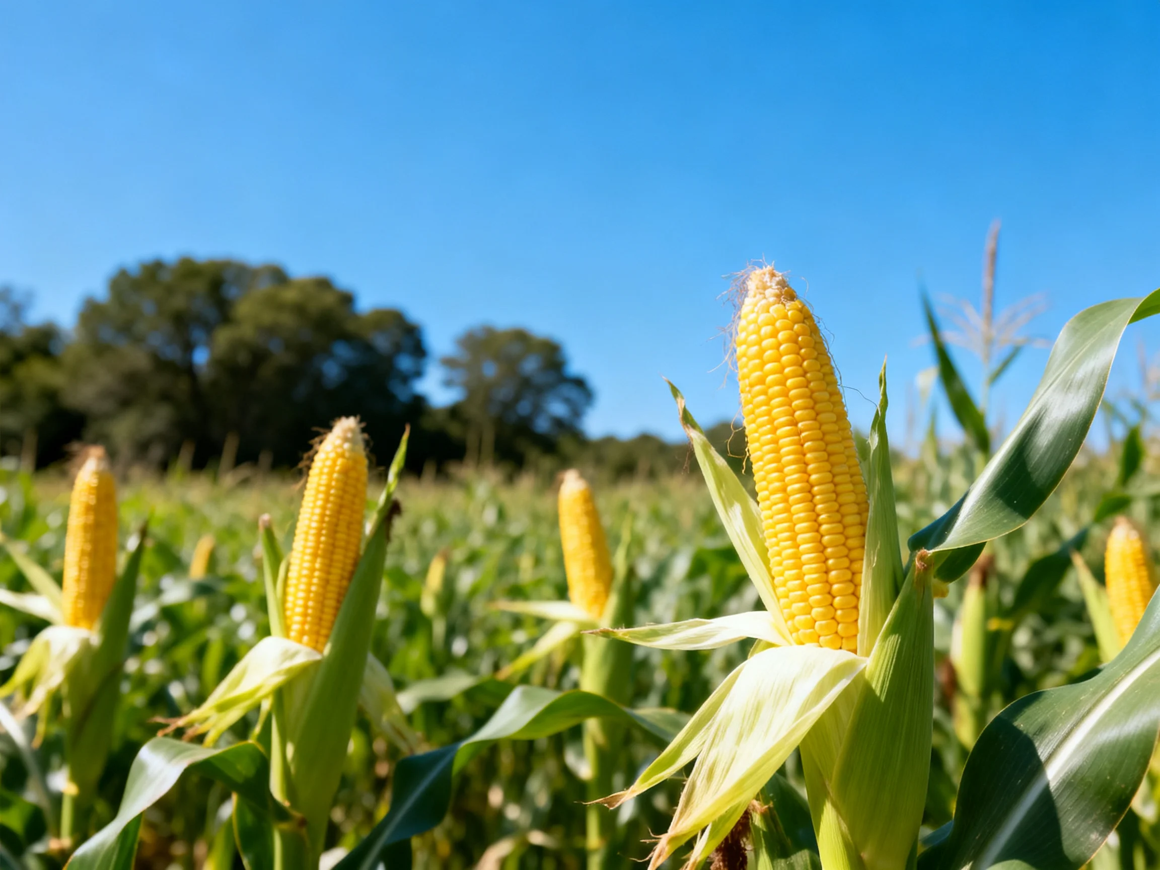 Golden corn ears in a lush green field under clear blue sky