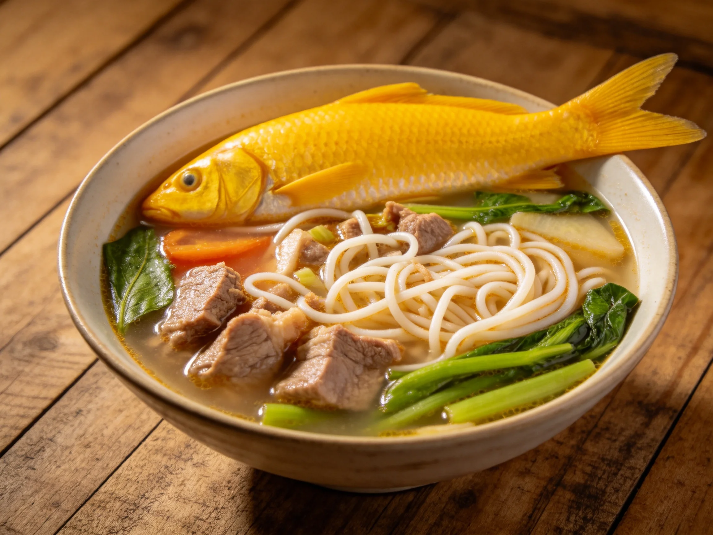 Golden fish noodle soup with vegetables in rustic bowl