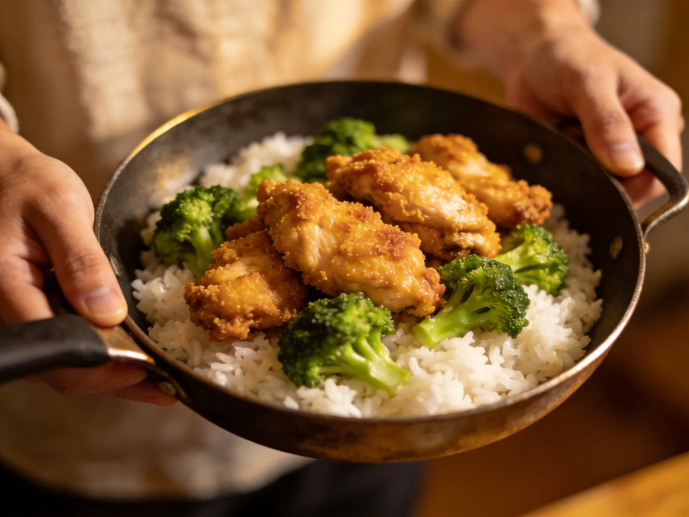 Golden fried chicken, broccoli, and rice served in rustic cast iron pan