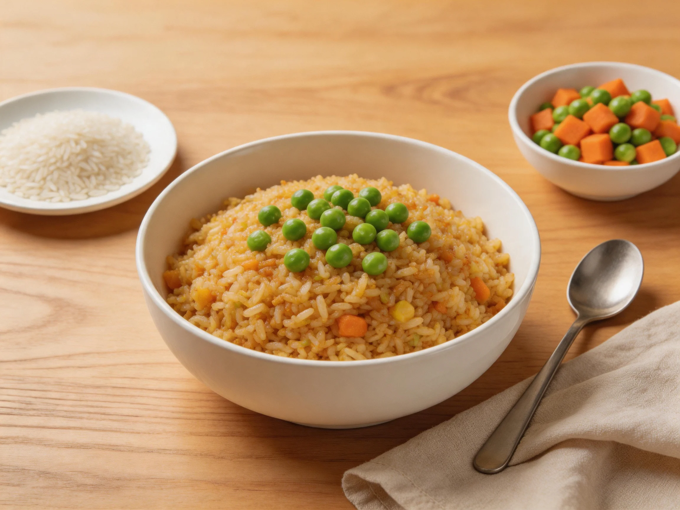 Golden fried rice with green peas, plain rice, and veggie side dishes