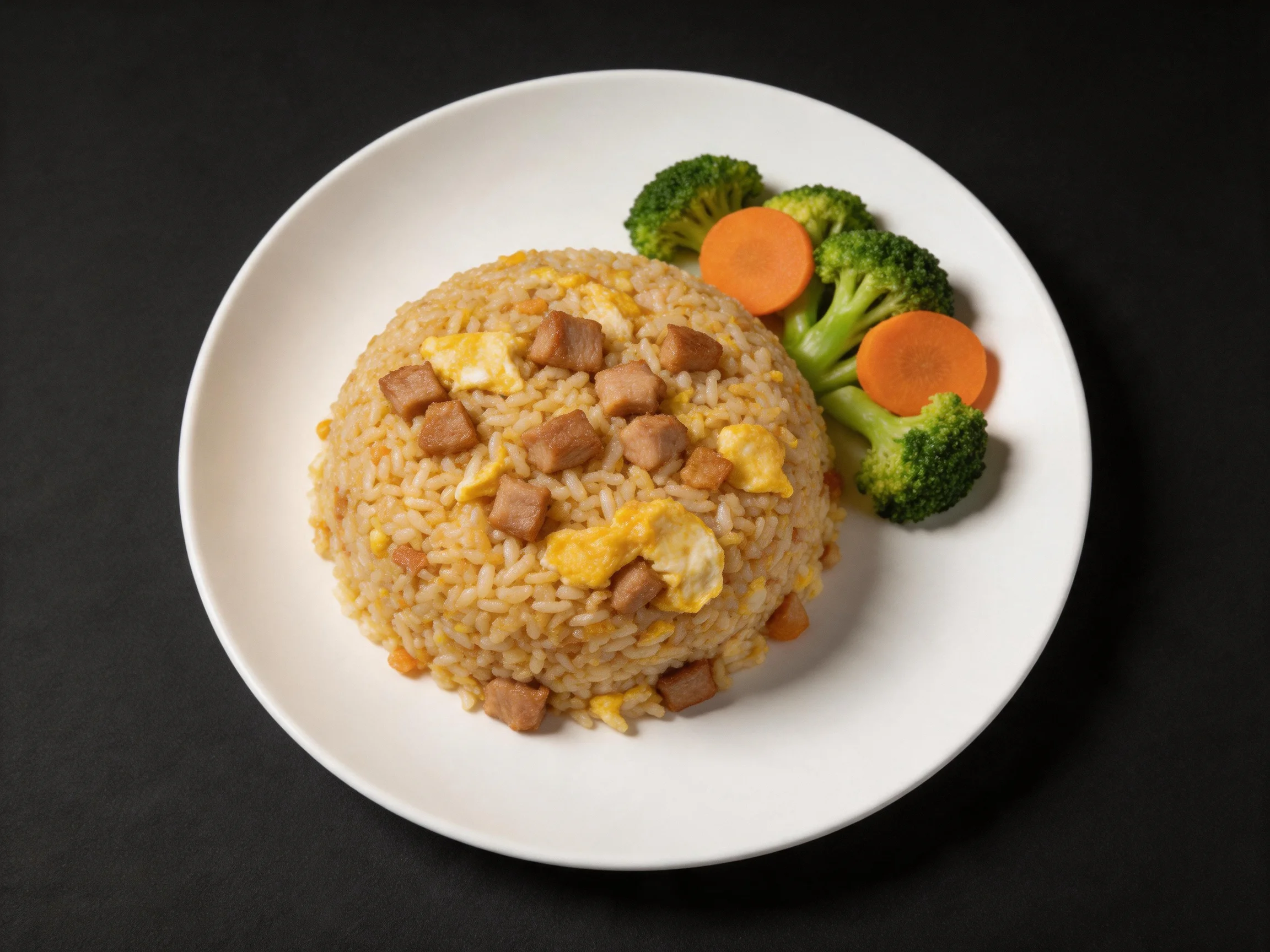 Golden fried rice with meat cubes served on white plate beside broccoli and carrots