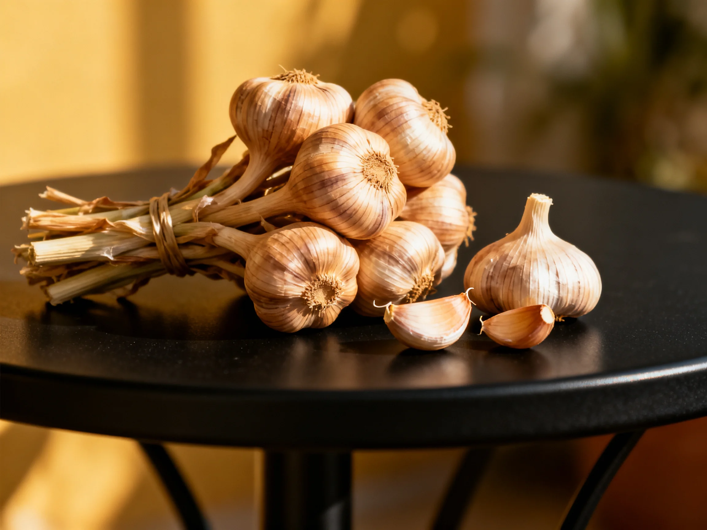Golden garlic bulbs bundled with loose cloves on a glossy black table