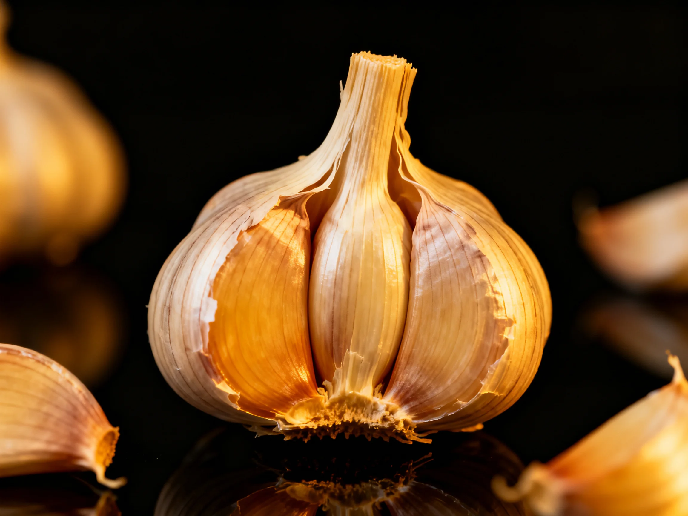 Golden garlic bulbs with peeled cloves arranged on a dark reflective surface