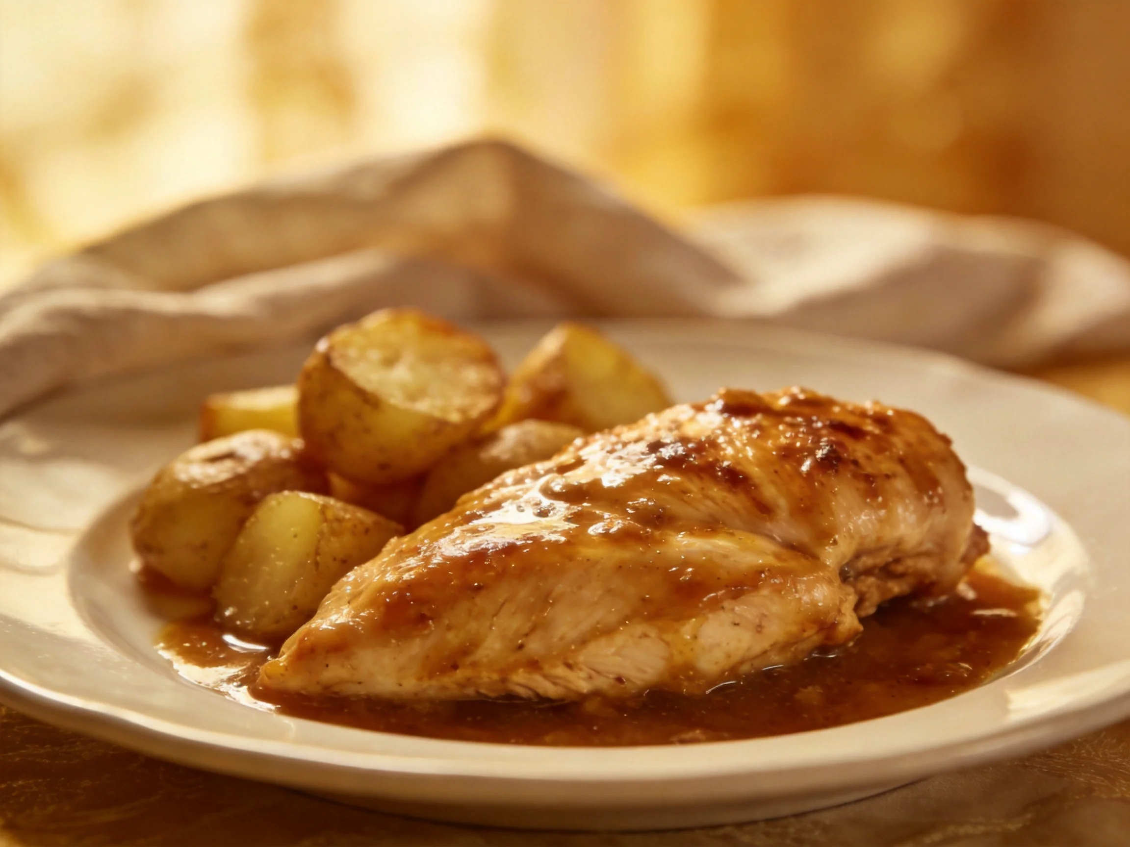 Golden-glazed chicken breast with roasted potato chunks on a white plate