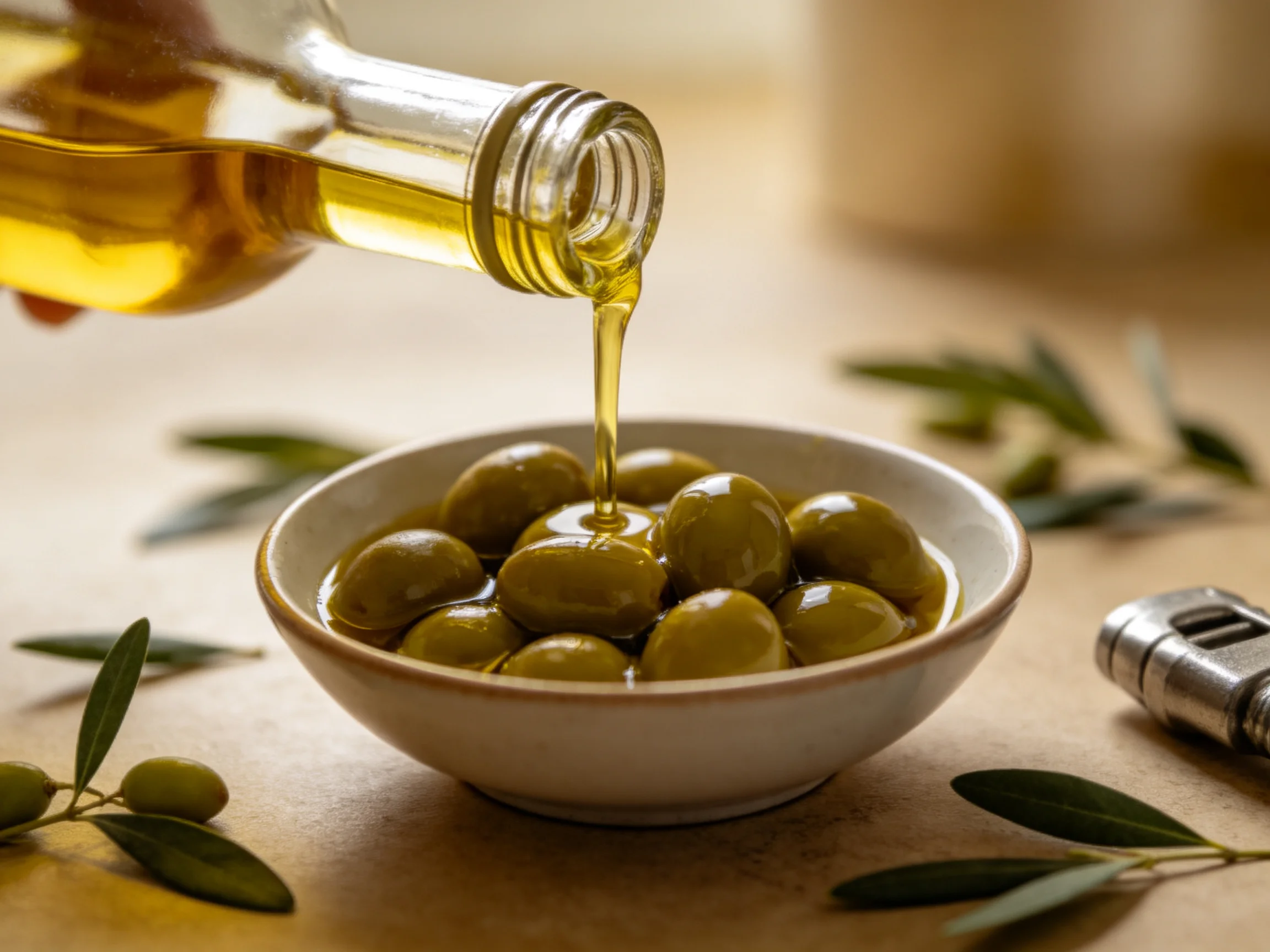 Golden olive oil poured over green olives in a ceramic bowl
