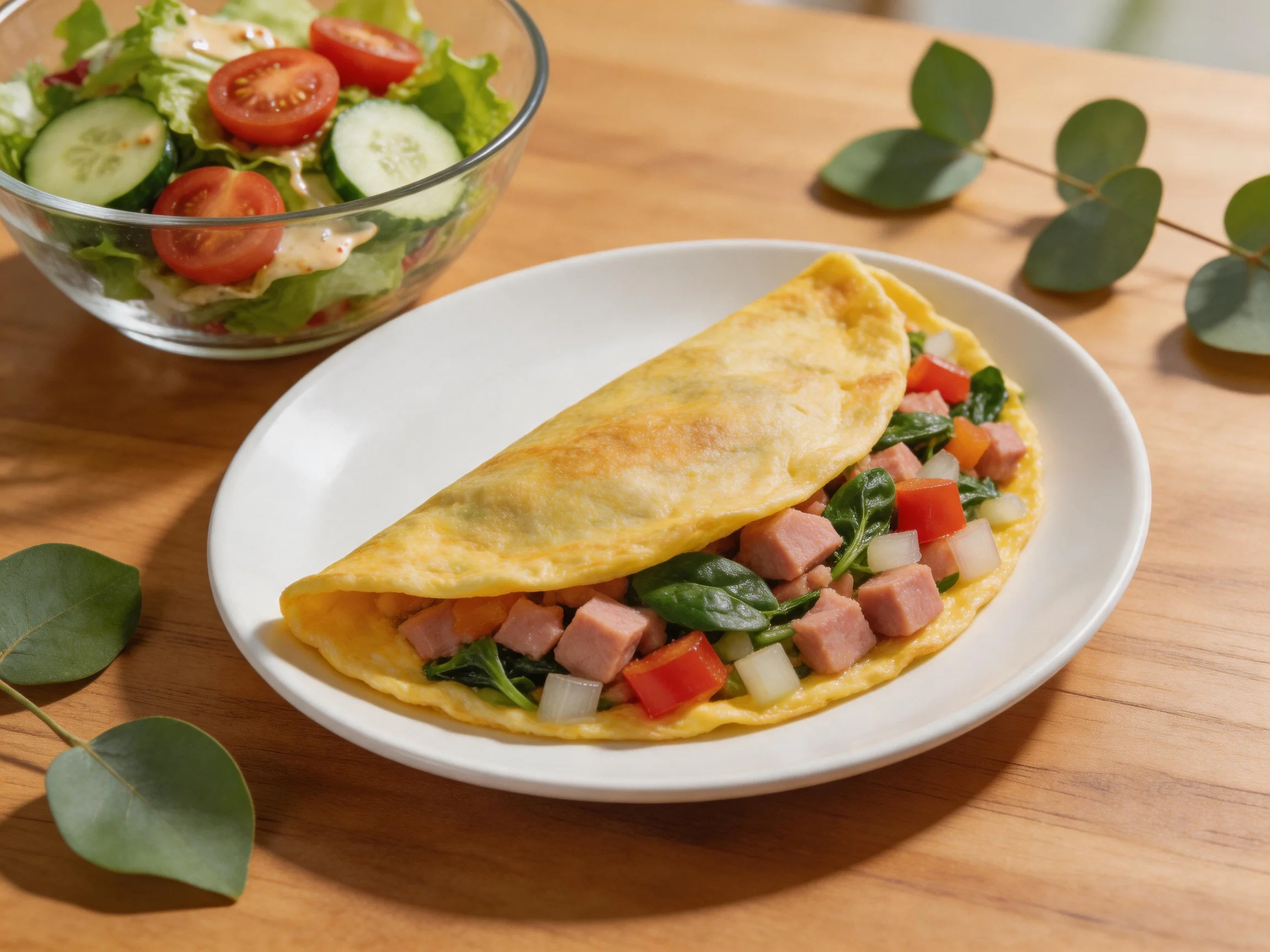 Golden omelette stuffed with ham, spinach, and peppers beside a fresh vegetable salad