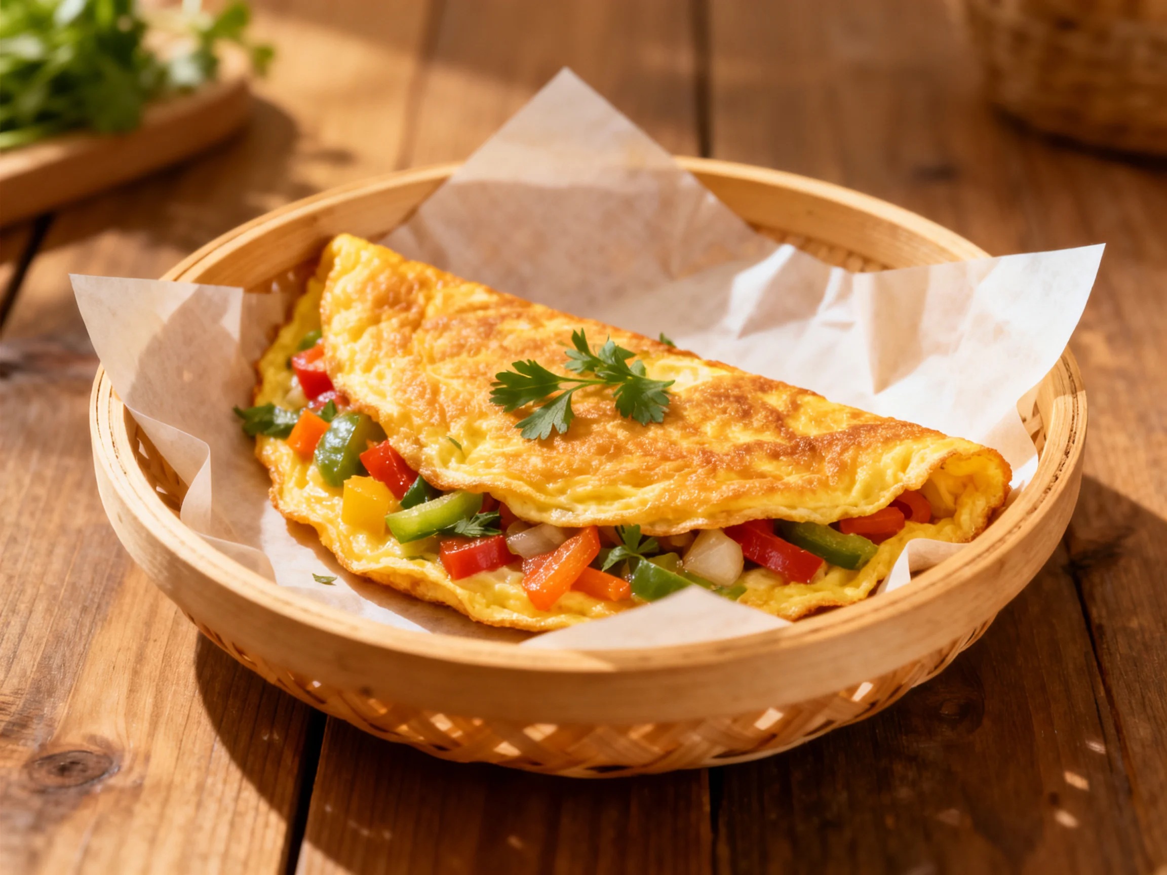 Golden omelette with mixed vegetables in a bamboo basket