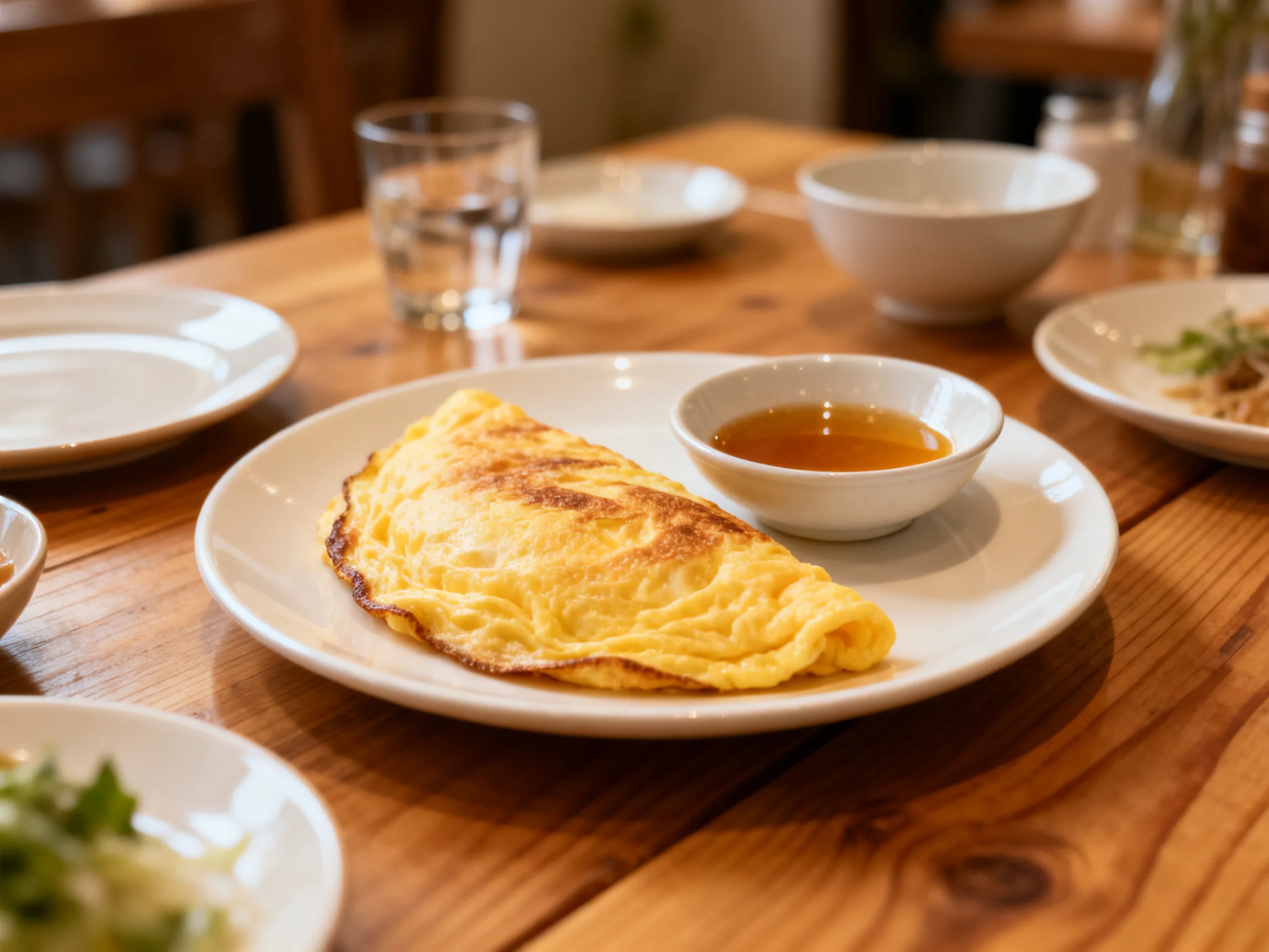 Golden omelette with sauce on rustic wooden table among dining ware